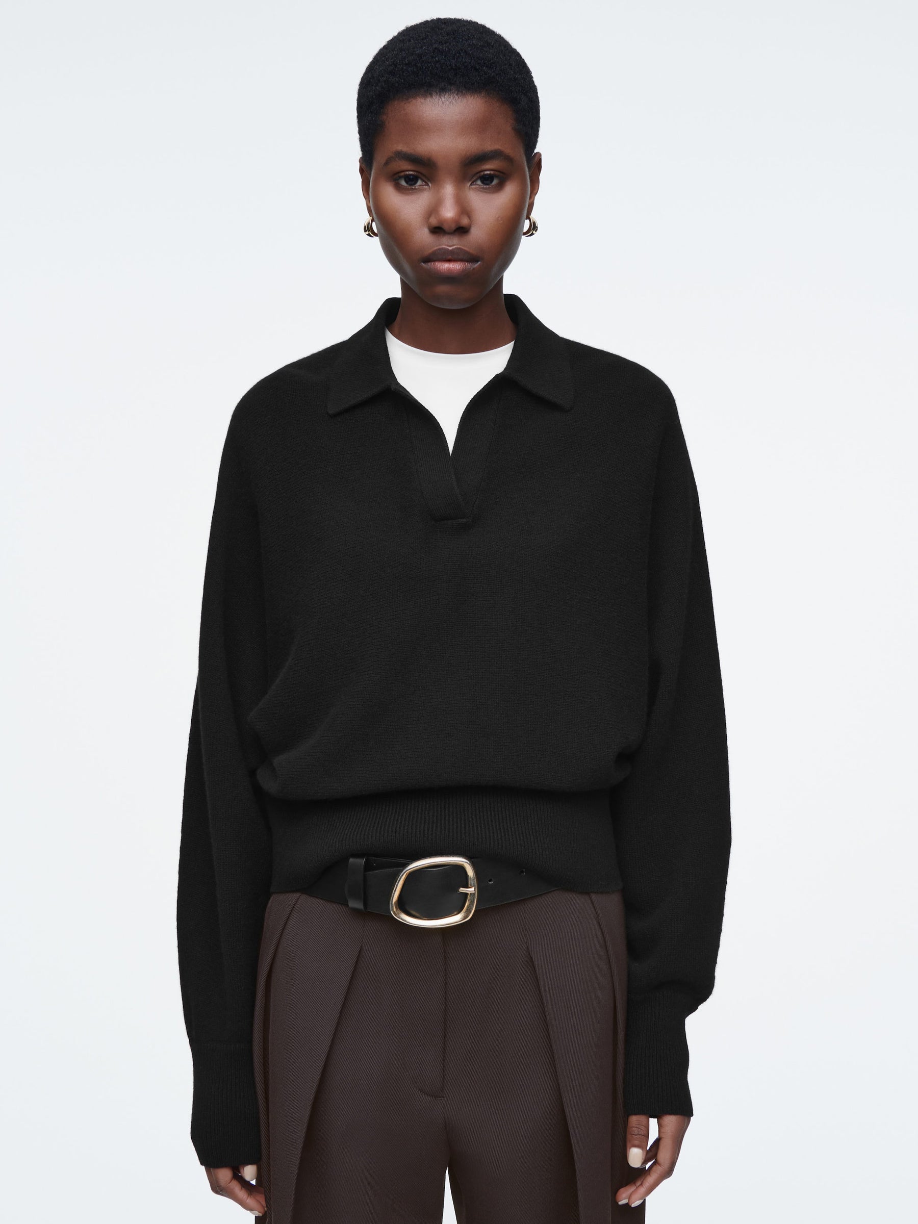 COS | Batwing-Sleeve Wool Polo Jumper in Black | The UNDONE