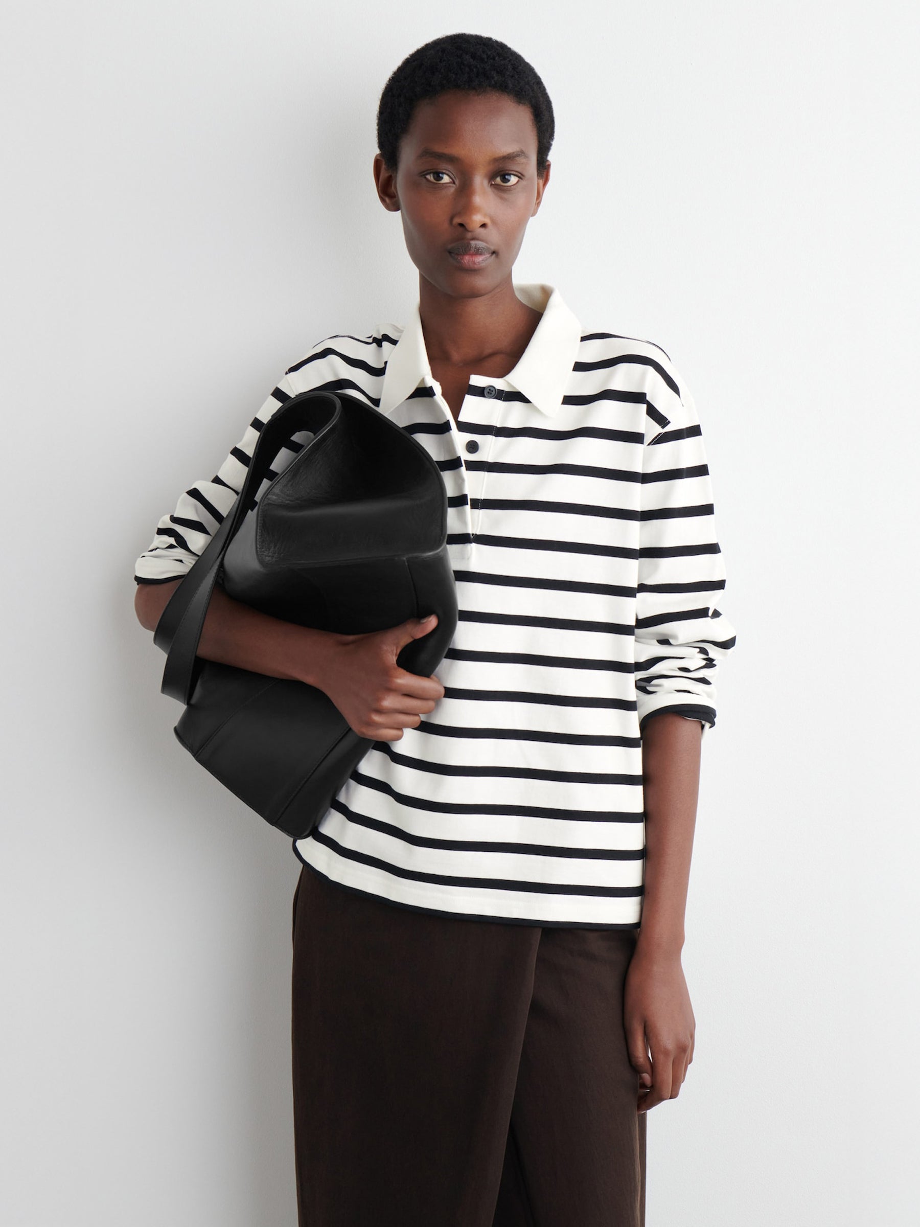 COS | Relaxed Striped Long-Sleeved Polo Shirt in White Stripe | The UNDONE