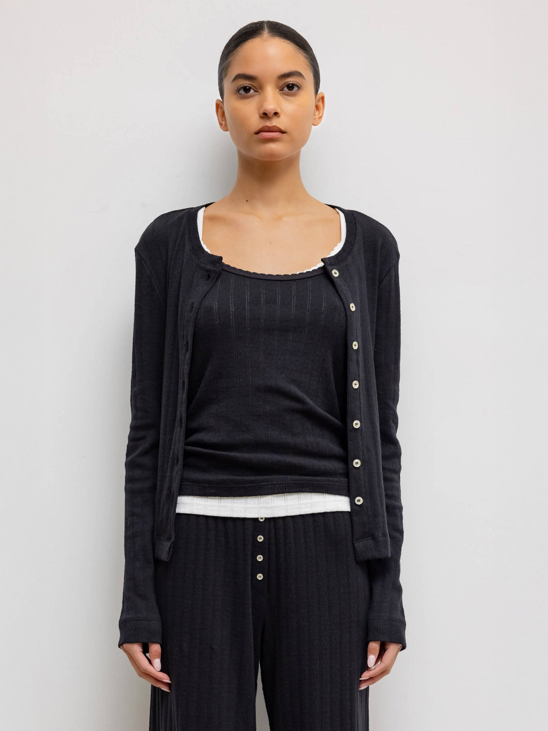 LESET | Pointelle Classic Crew Cardigan in Black | The UNDONE