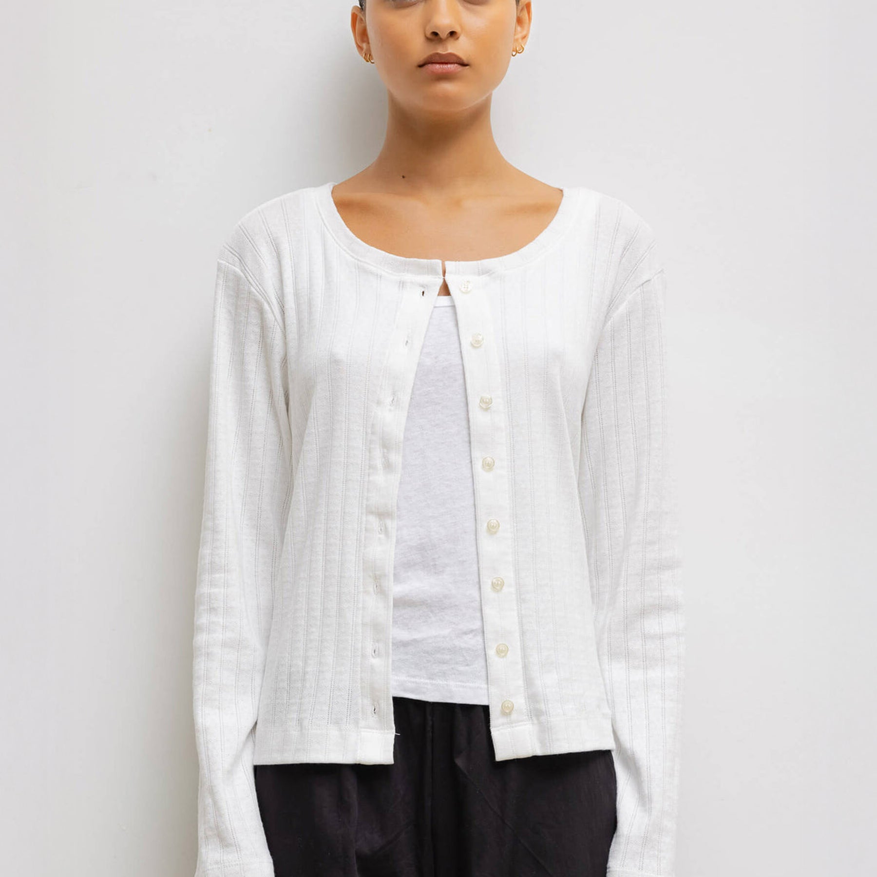 LESET | Pointelle Classic Crew Cardigan in White | The UNDONE