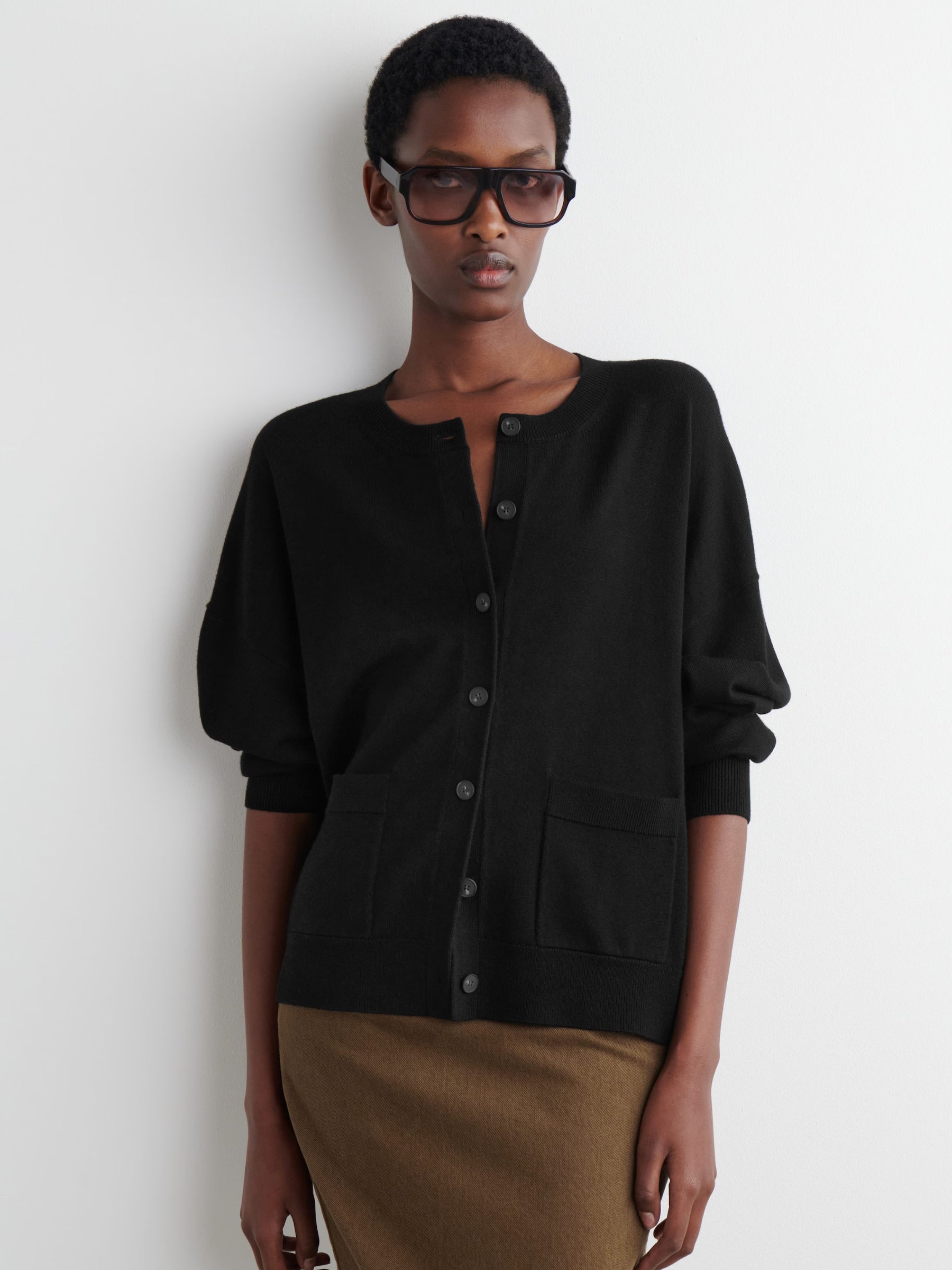 Merino Wool Crew Neck Cardigan in Black | COS