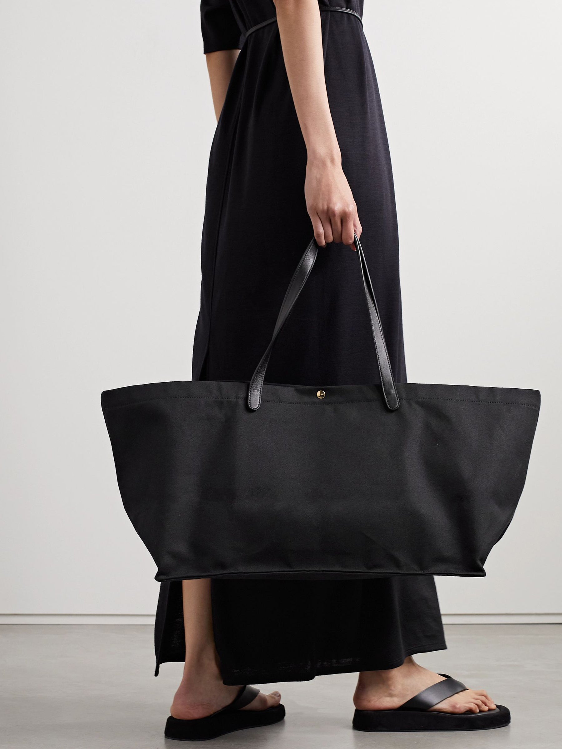 The Row | Idaho XL Leather-Trimmed Cotton-Twill Tote in Black | The UNDONE