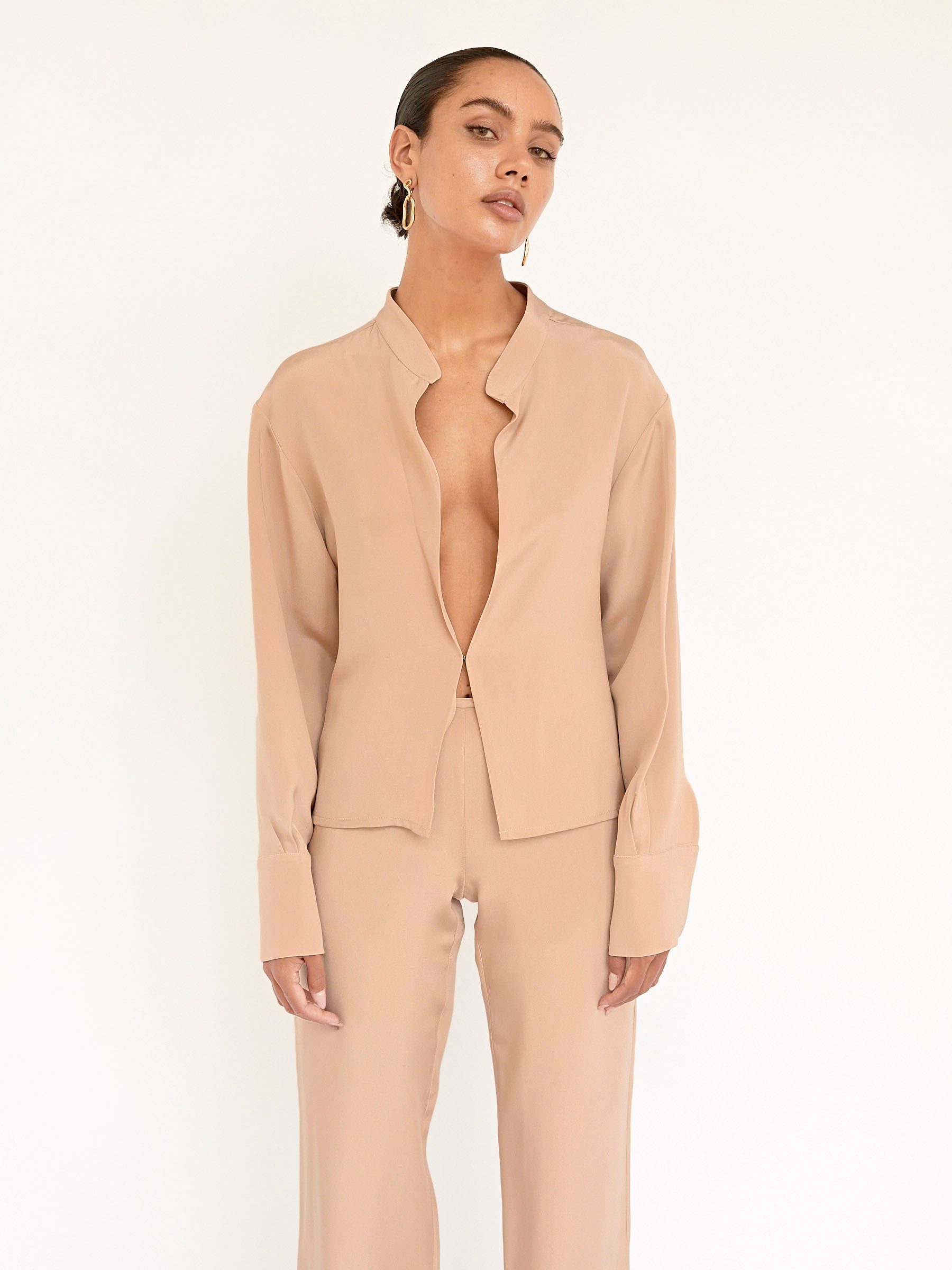 BEARE PARK | Silk Crepe Deep Split Blouse in Nude | The UNDONE