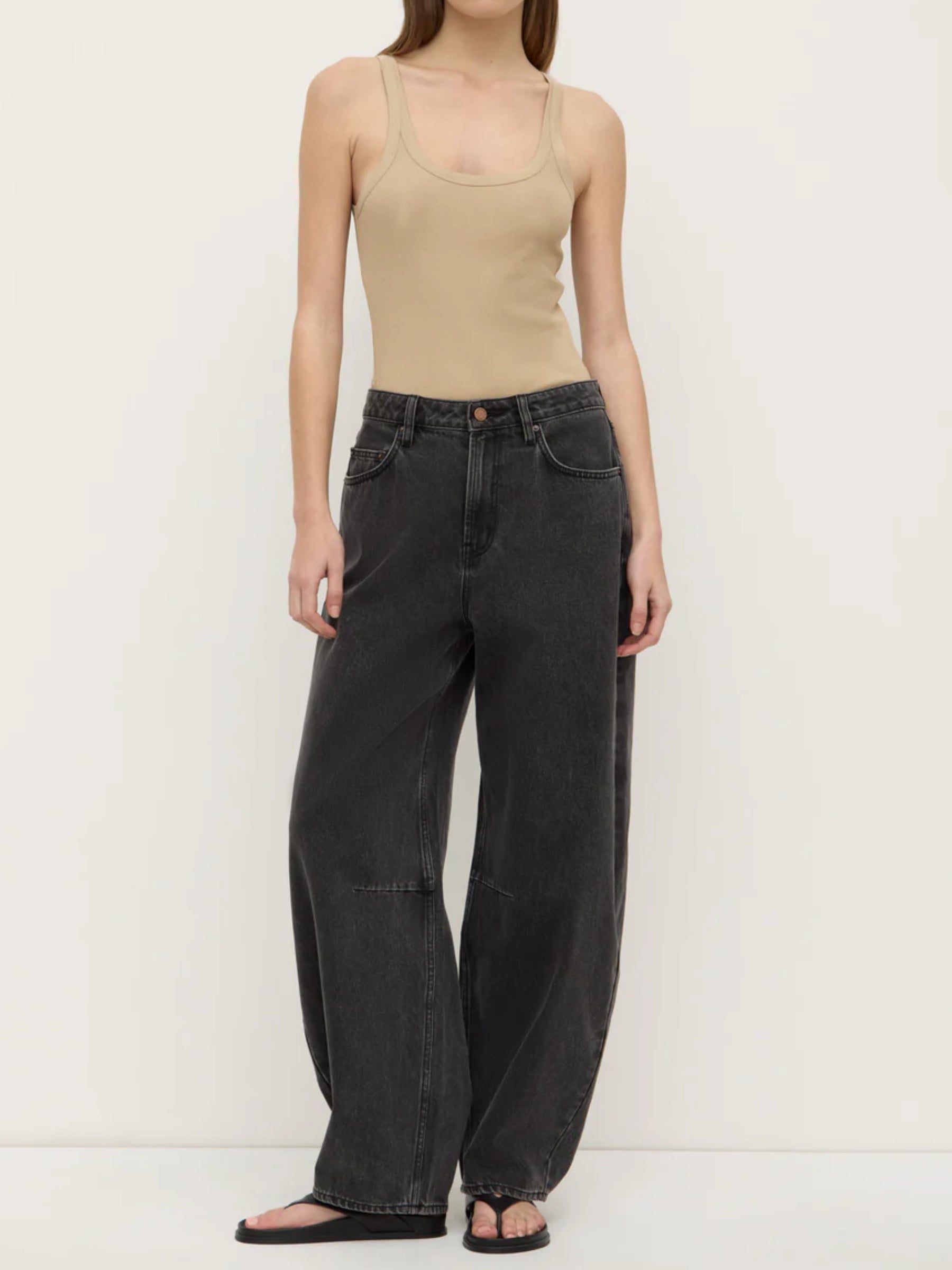 Assembly Label High Rise Barrel Jean in Washed Black
