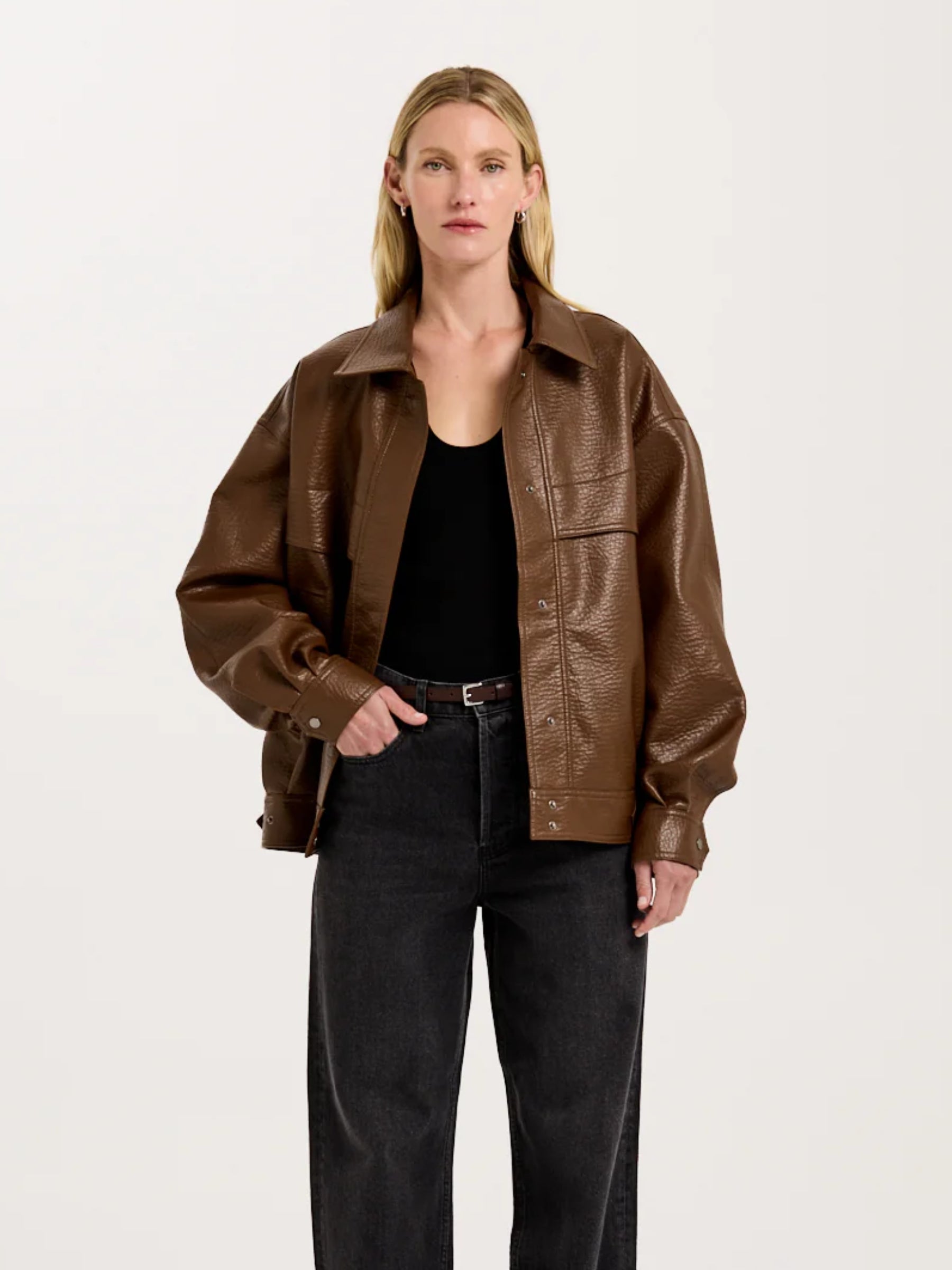 HENNE | Nova Brown Faux Leather Jacket  | The UNDONE
