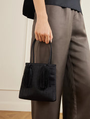 Le Sundial | Le Salon black tasseled dupioni clutch