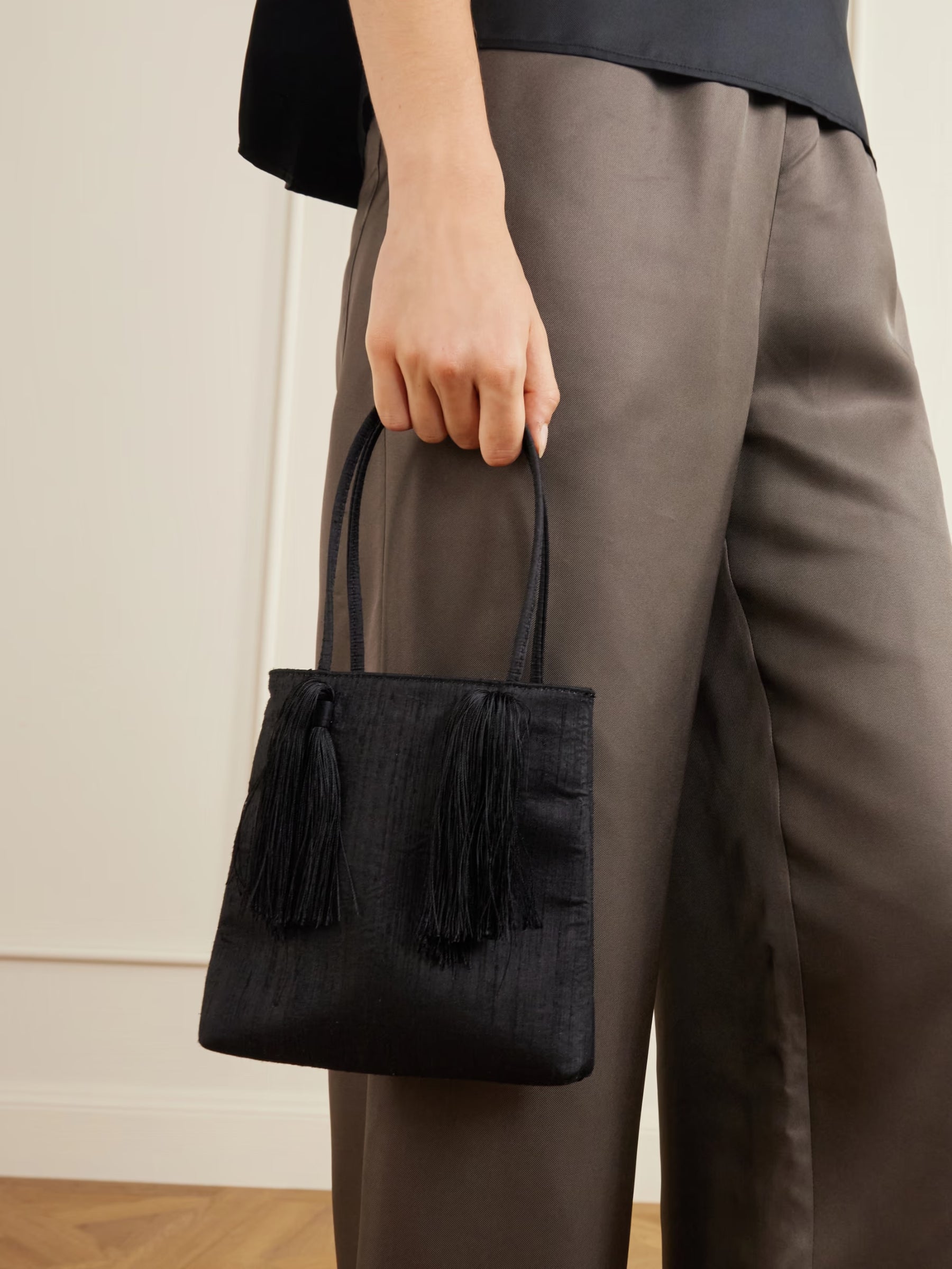Le Sundial | Le Salon black tasseled dupioni clutch