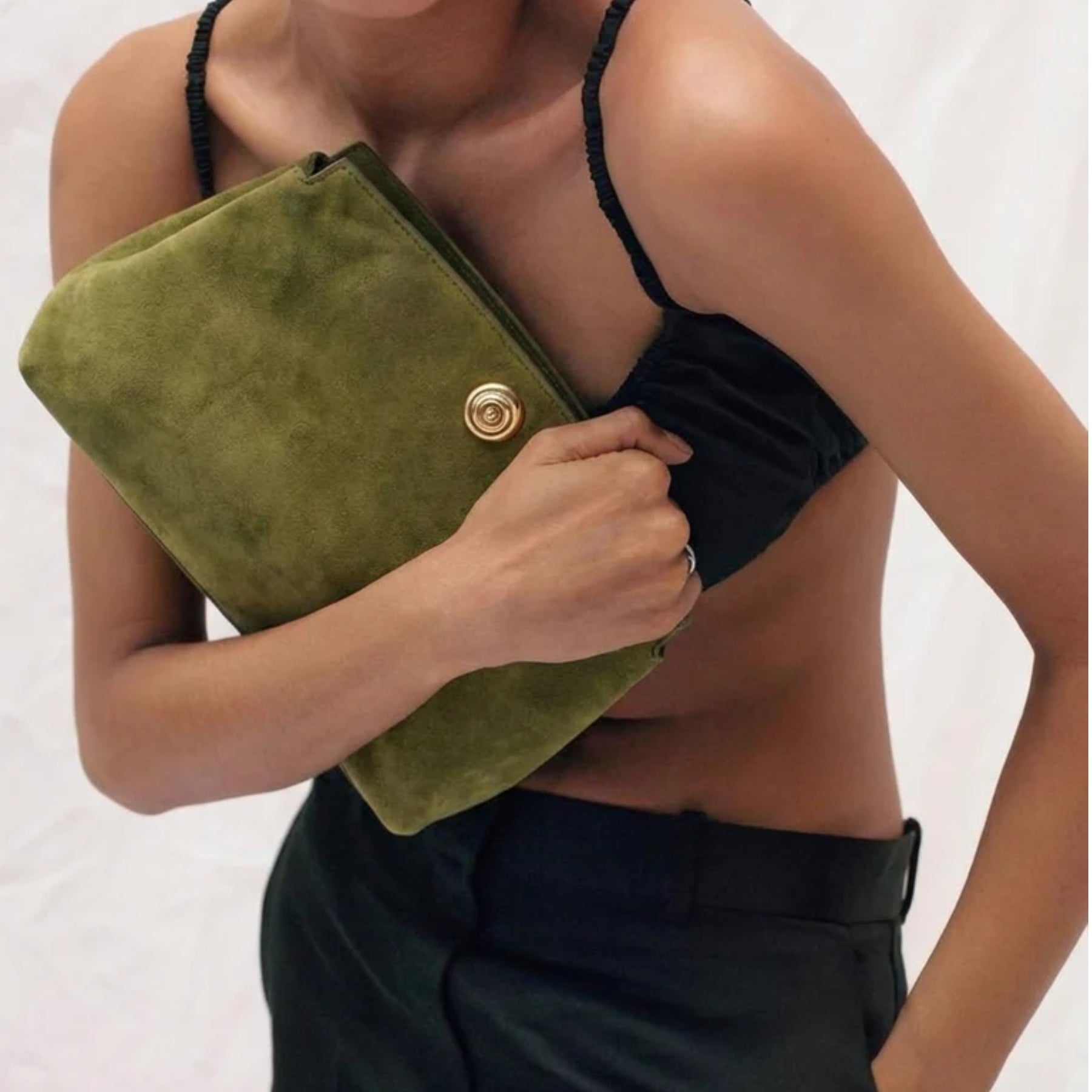 Liffner Pushlock Clutch in Army Green Suede