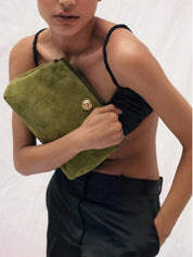 Liffner Pushlock Clutch in Army Green Suede