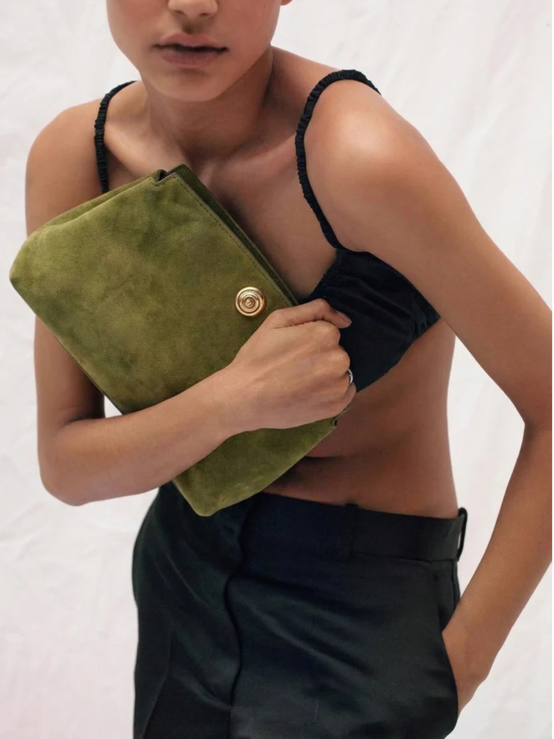 Liffner Pushlock Clutch in Army Green Suede