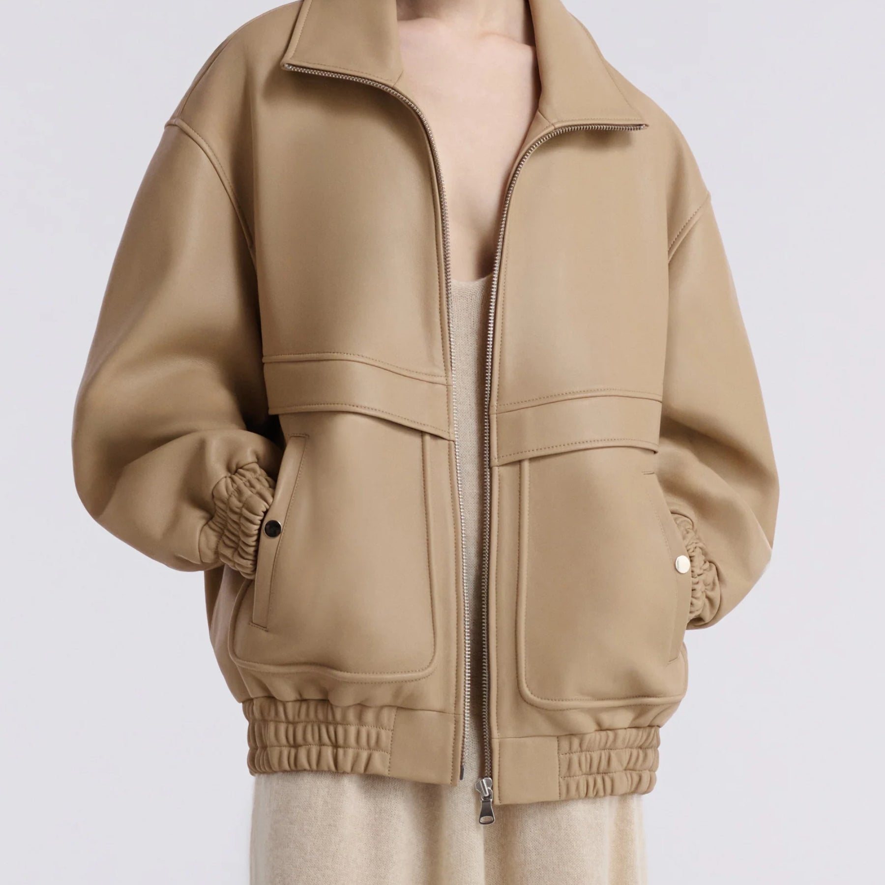 Nour Hammour | Beck Modern Leather Bomber in Almond | The UNDONE