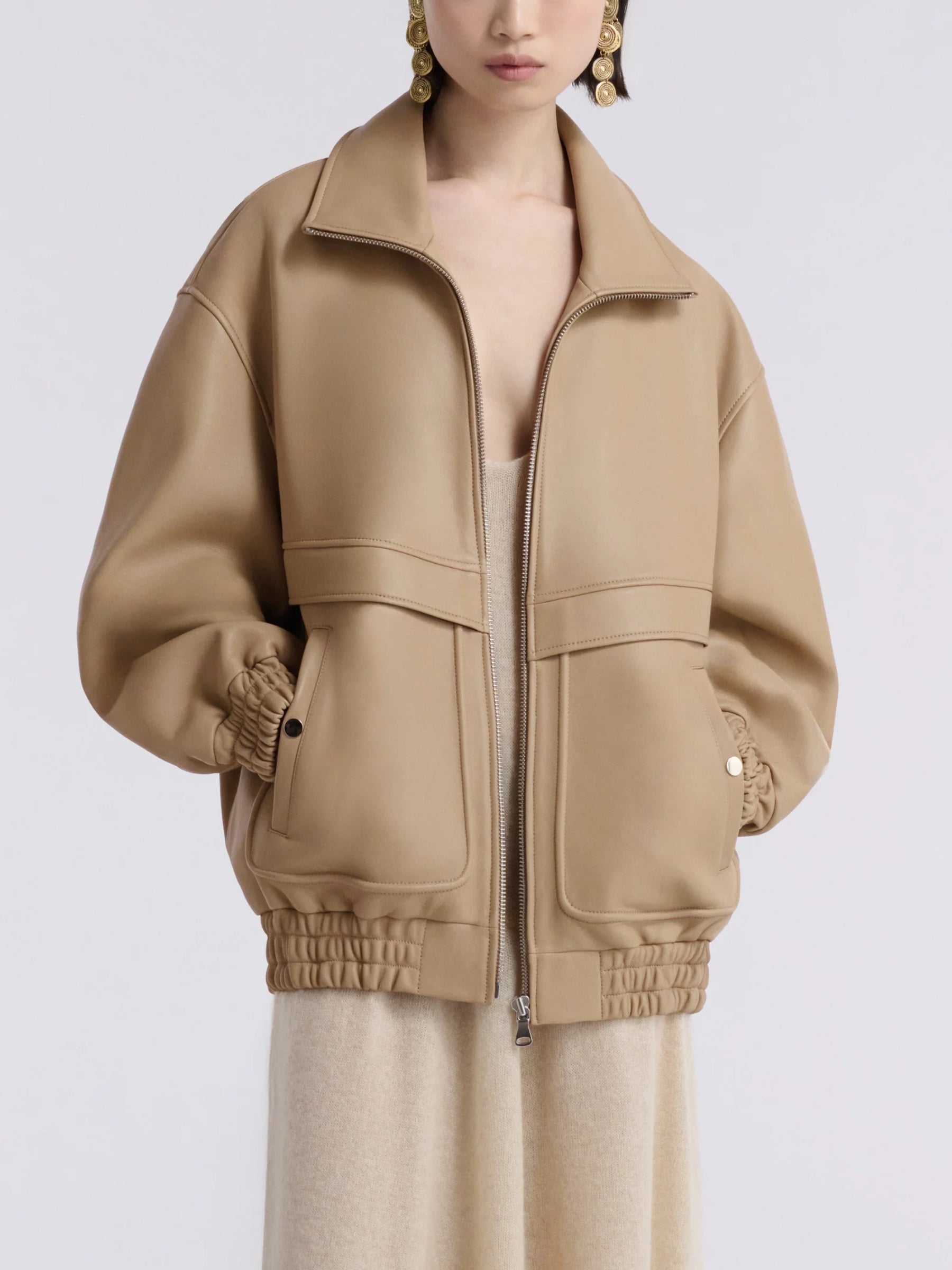 Nour Hammour | Beck Modern Leather Bomber in Almond | The UNDONE
