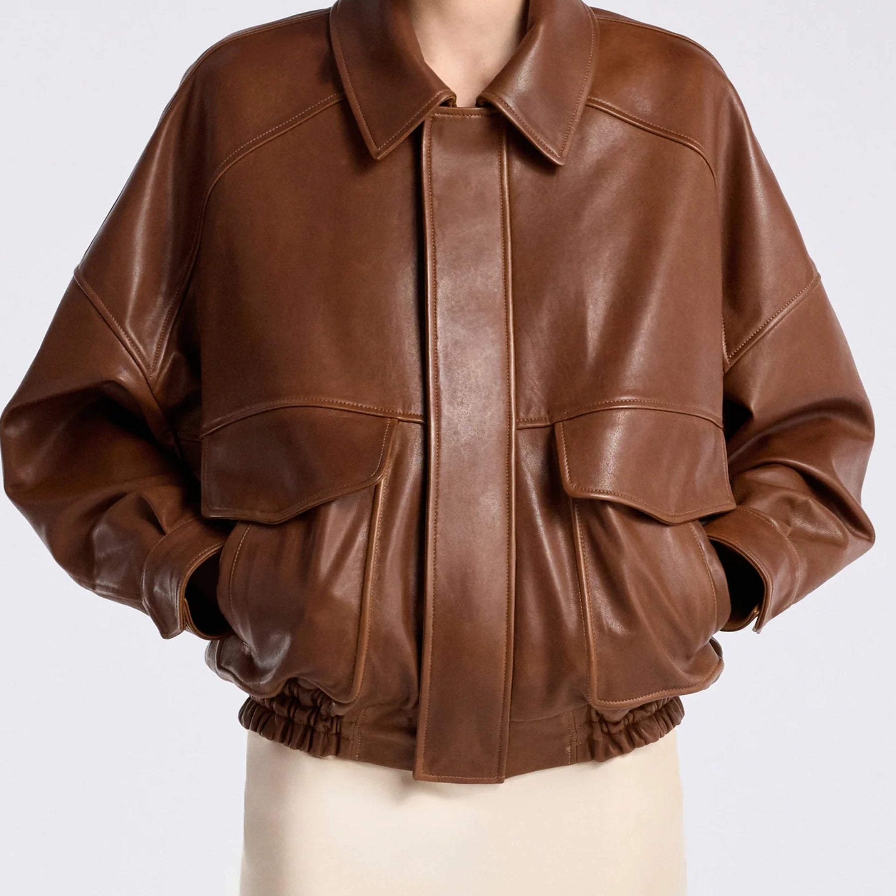 Nour Hammour | Runa Soft Leather Bomber in Brown | The UNDONE