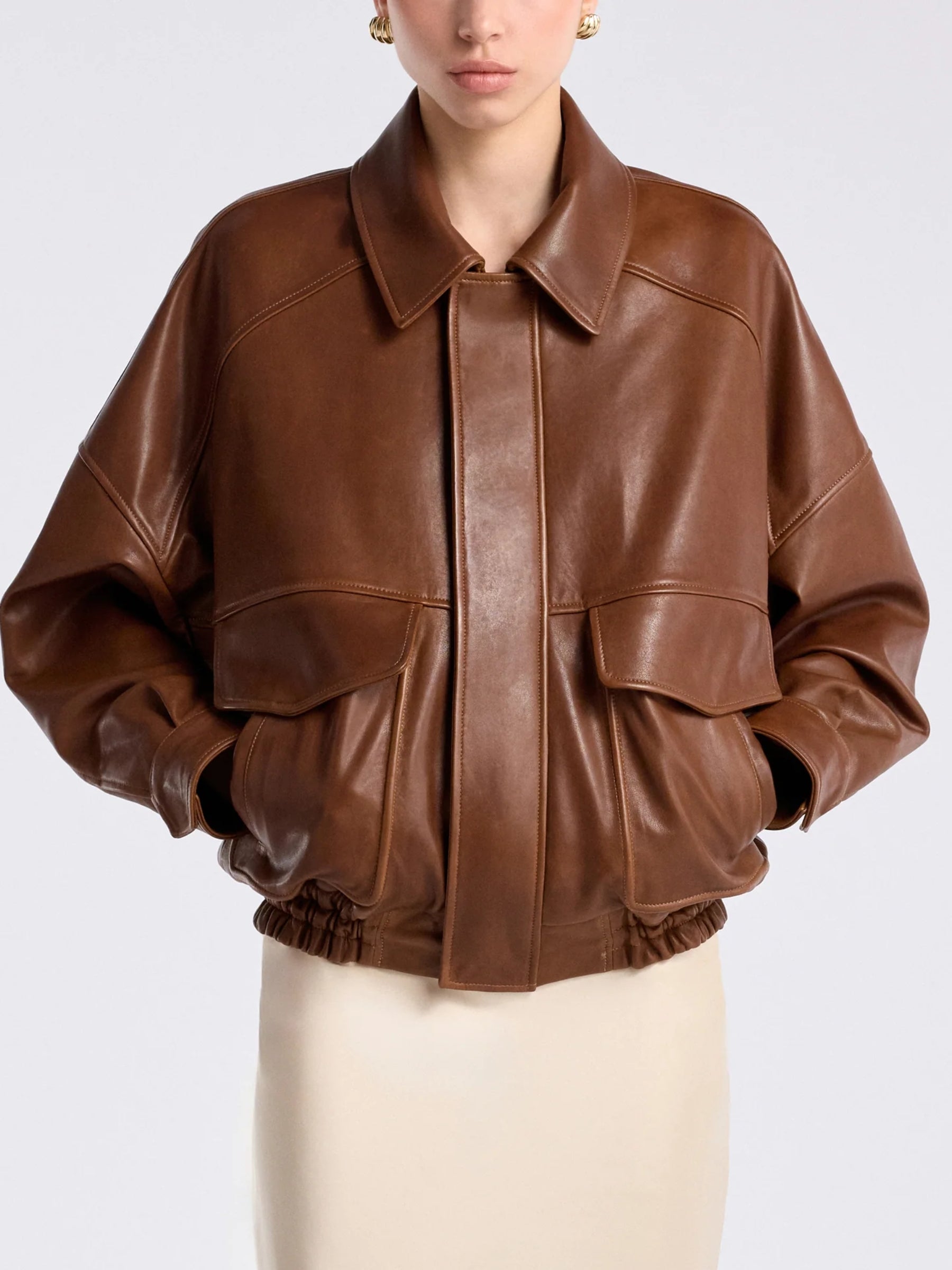 Nour Hammour | Runa Soft Leather Bomber in Brown | The UNDONE
