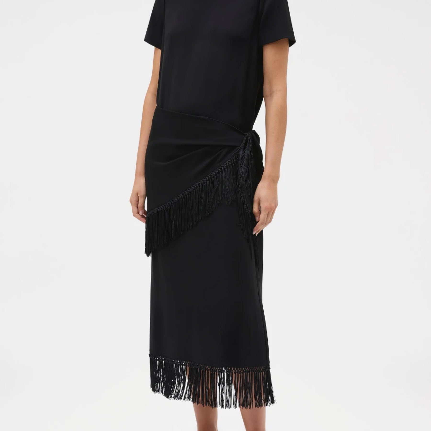 Oroton | Fringe Detail Crepe Dress in Black