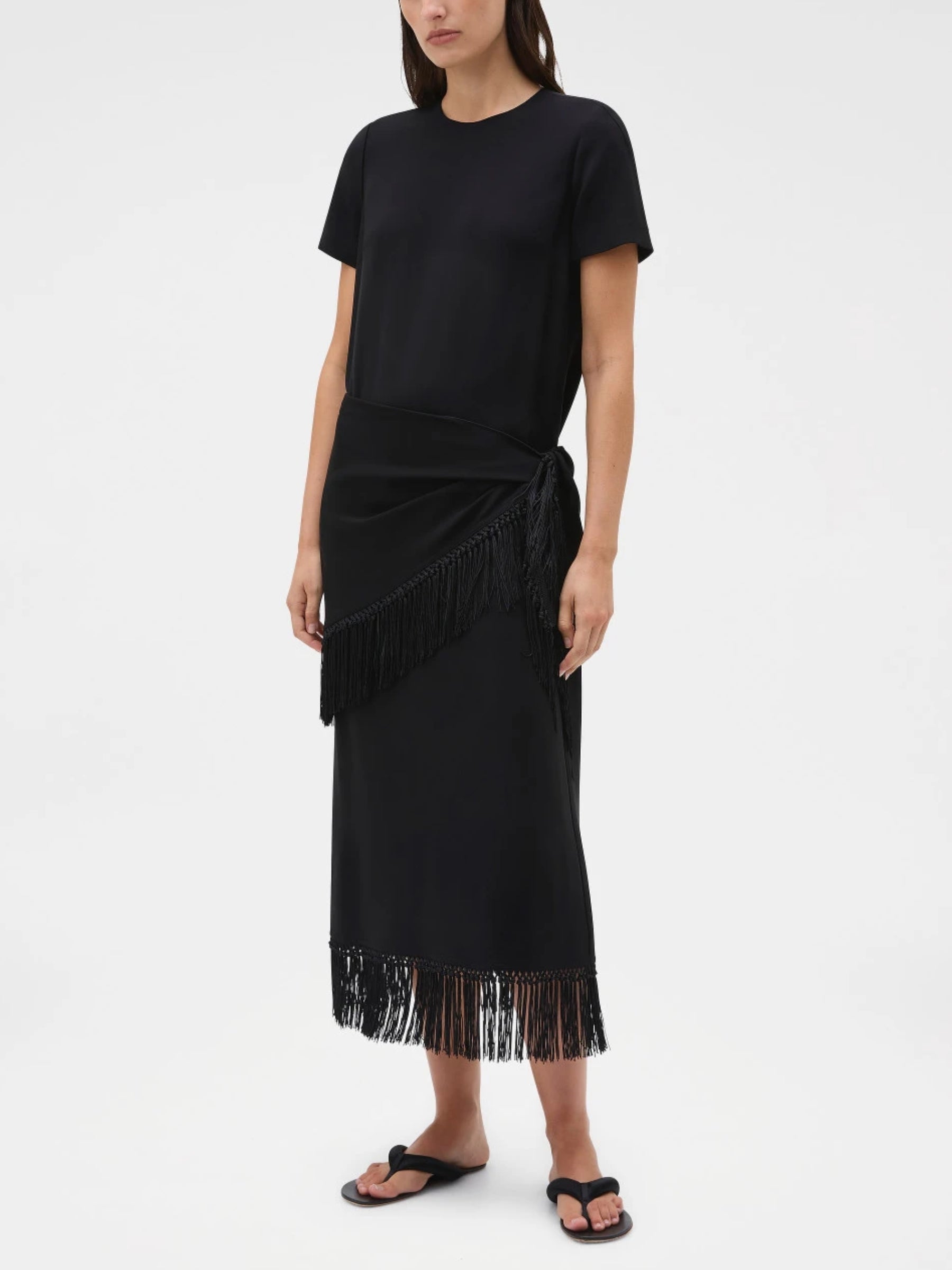 Oroton | Fringe Detail Crepe Dress in Black