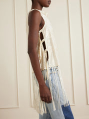 SEA | Priscilla floral-embroidered fringed crepe vest