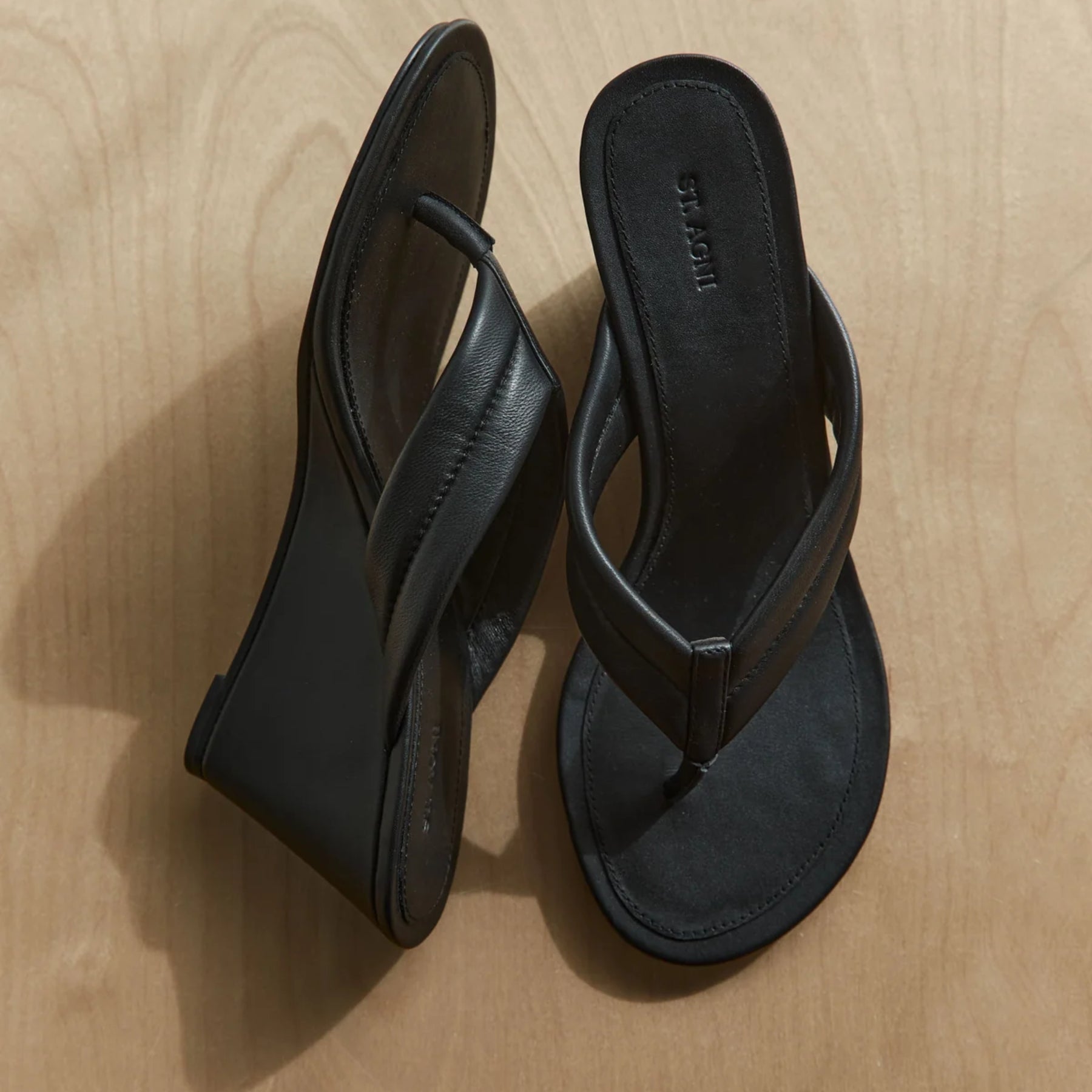 Stitch Detail Thong Wedge - Black