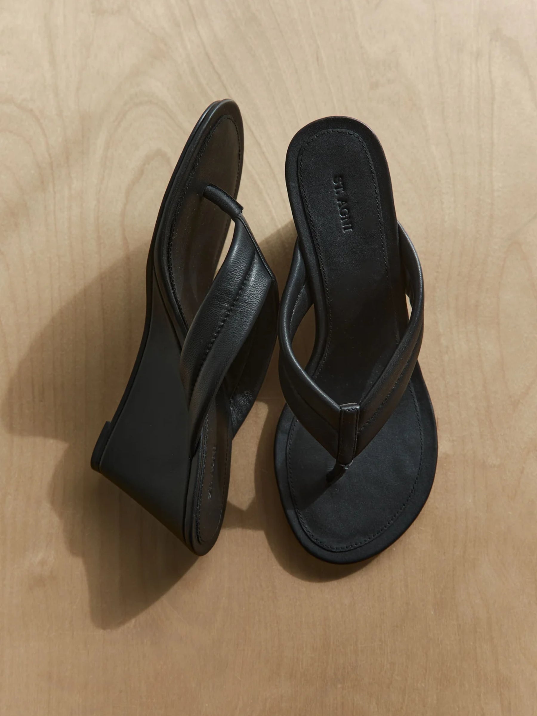 Stitch Detail Thong Wedge - Black