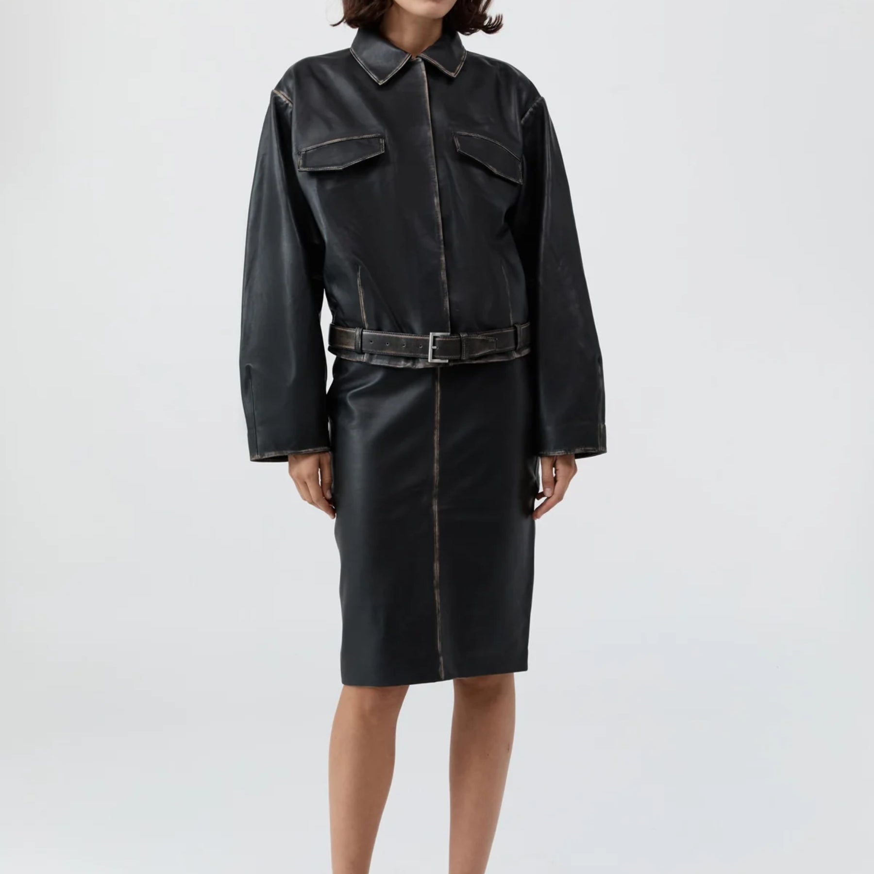 St. Agni Brushed Leather Belted Jacket - Black