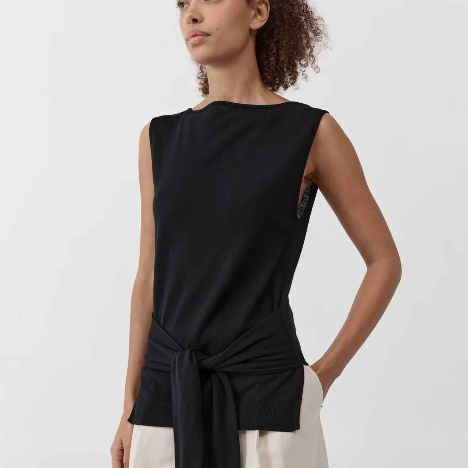 St. Agni Fine Merino Tie Waist Top - Black
