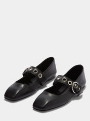 Aeyde | Uma Eyelet Leather Mary-Jane Flats in Black | The UNDONE