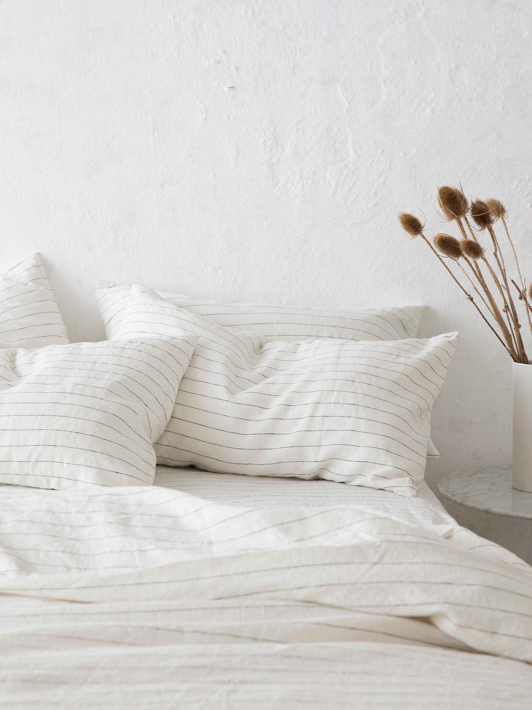 Cultiver | Linen Sheet Set with Pillowcases in White Pencil Stripe | The UNDONE