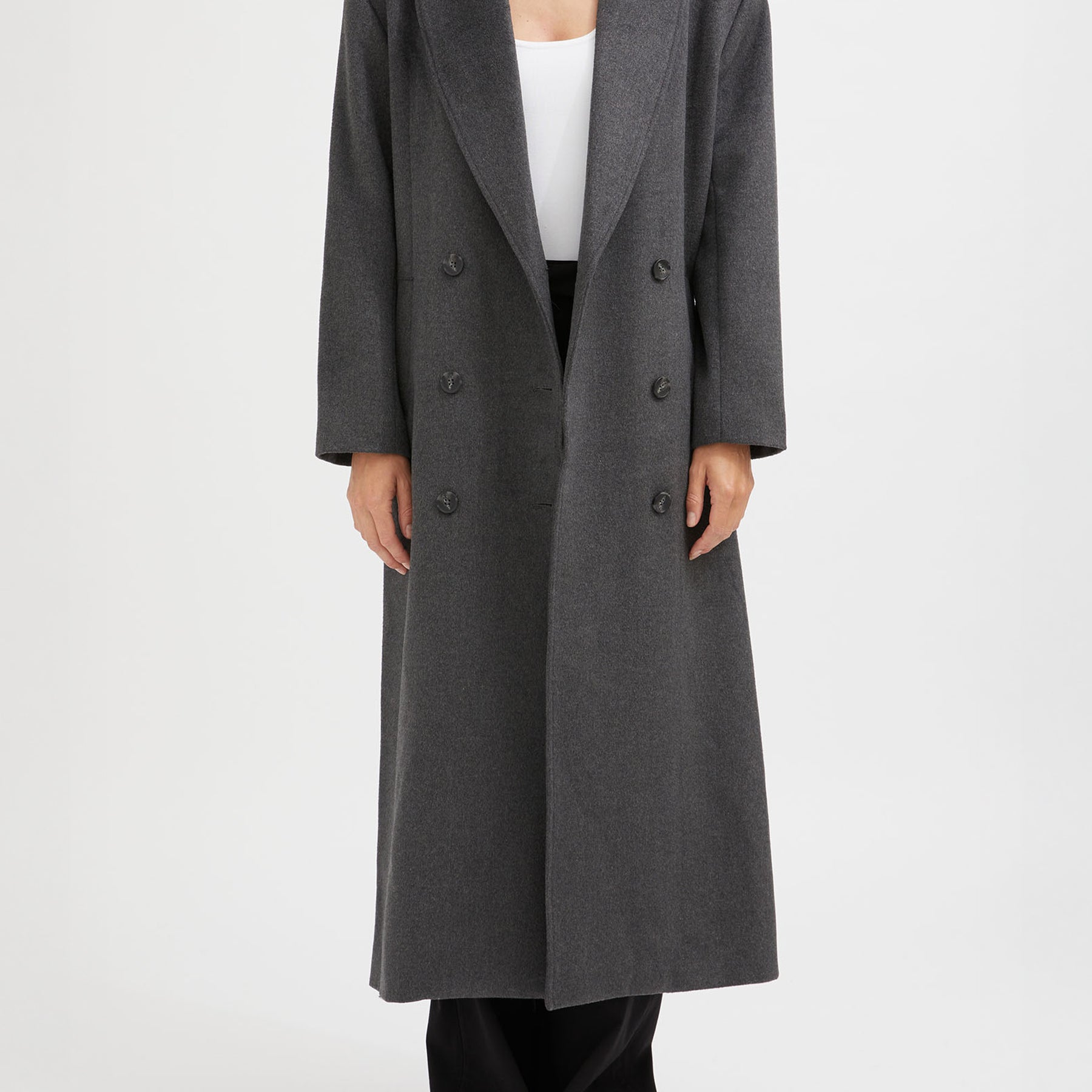 FRIEND OF AUDREY | The Double Breasted Longline Wool Coat in Dark Grey Marle | The UNDONE