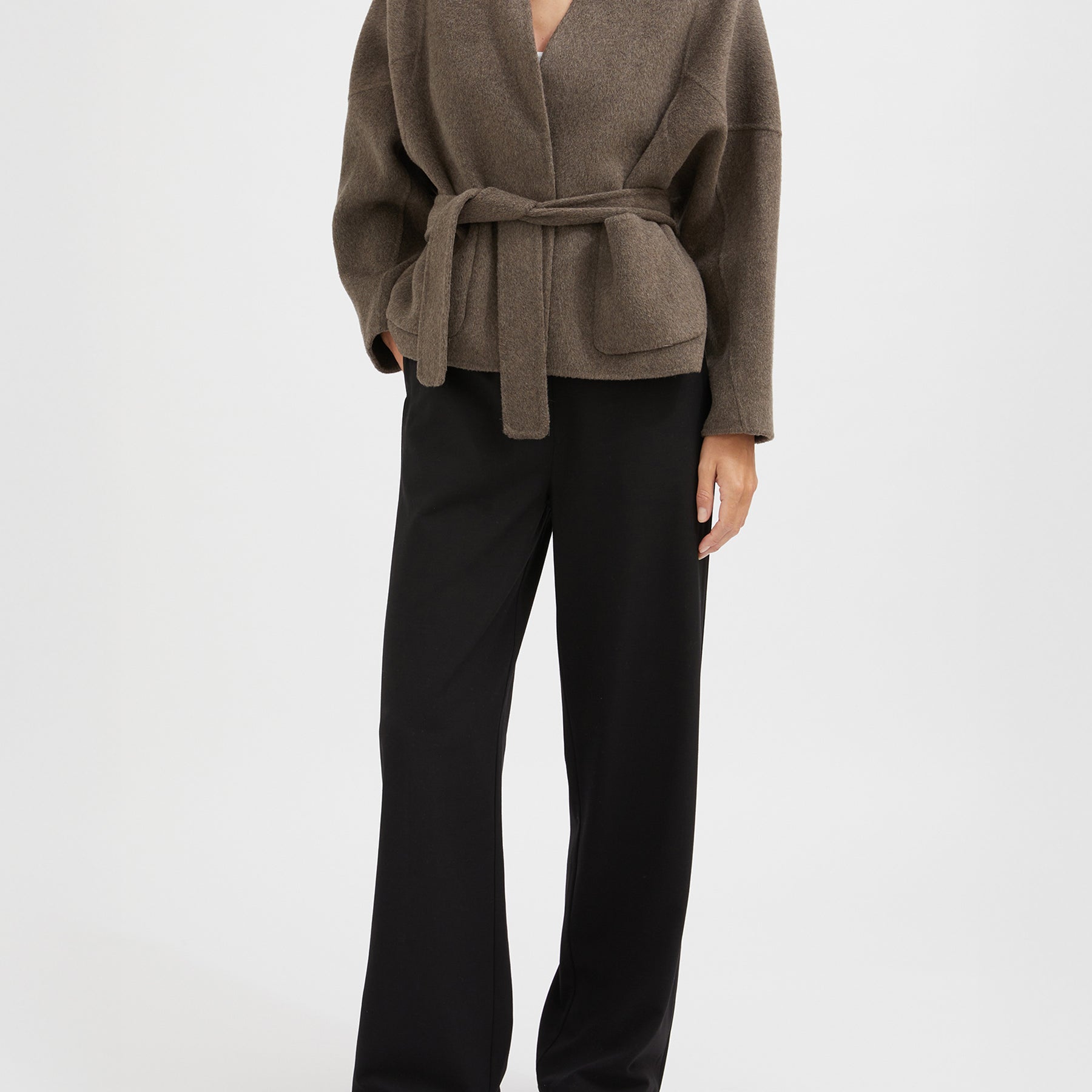 FRIEND OF AUDREY | The Double-faced Wool and Silk Tie Coat in Taupe Mocha | The UNDONE