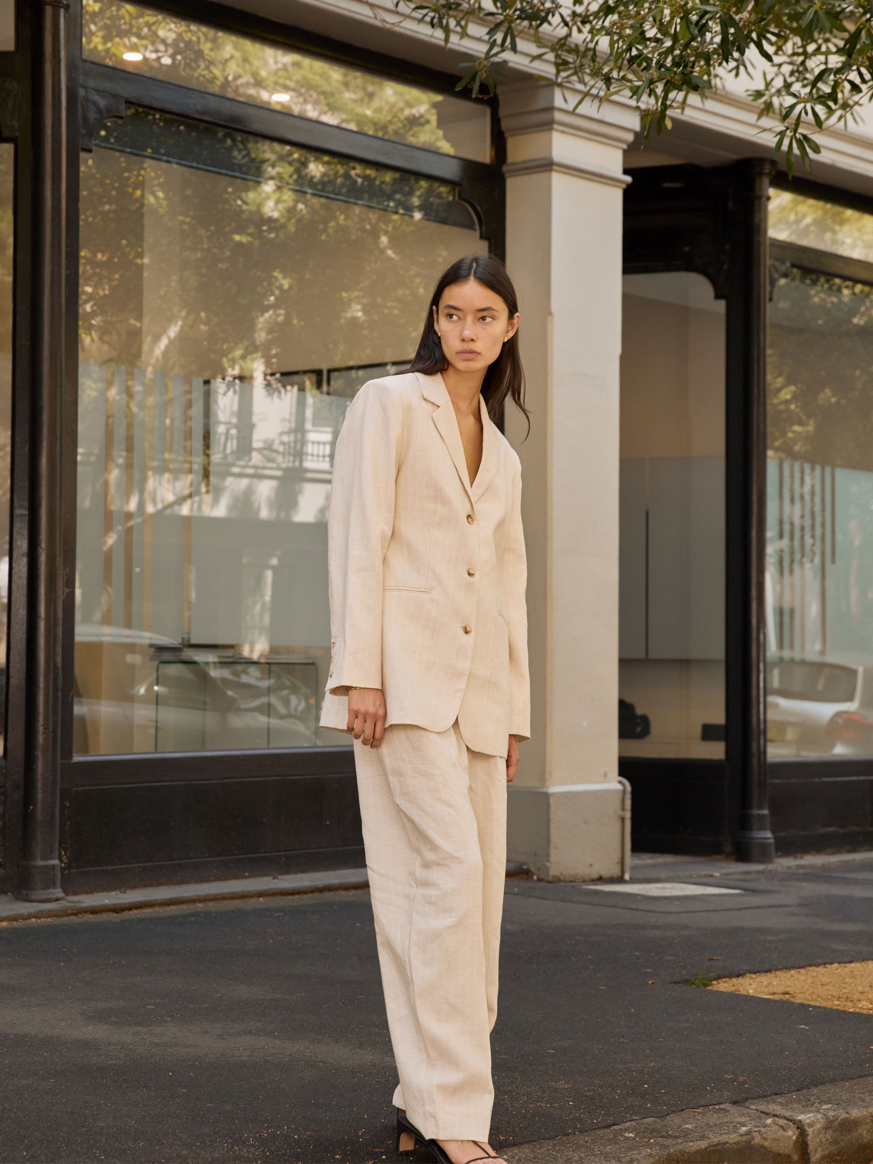 POSSE | Leon Blazer in Beige Pinstripe | The UNDONE