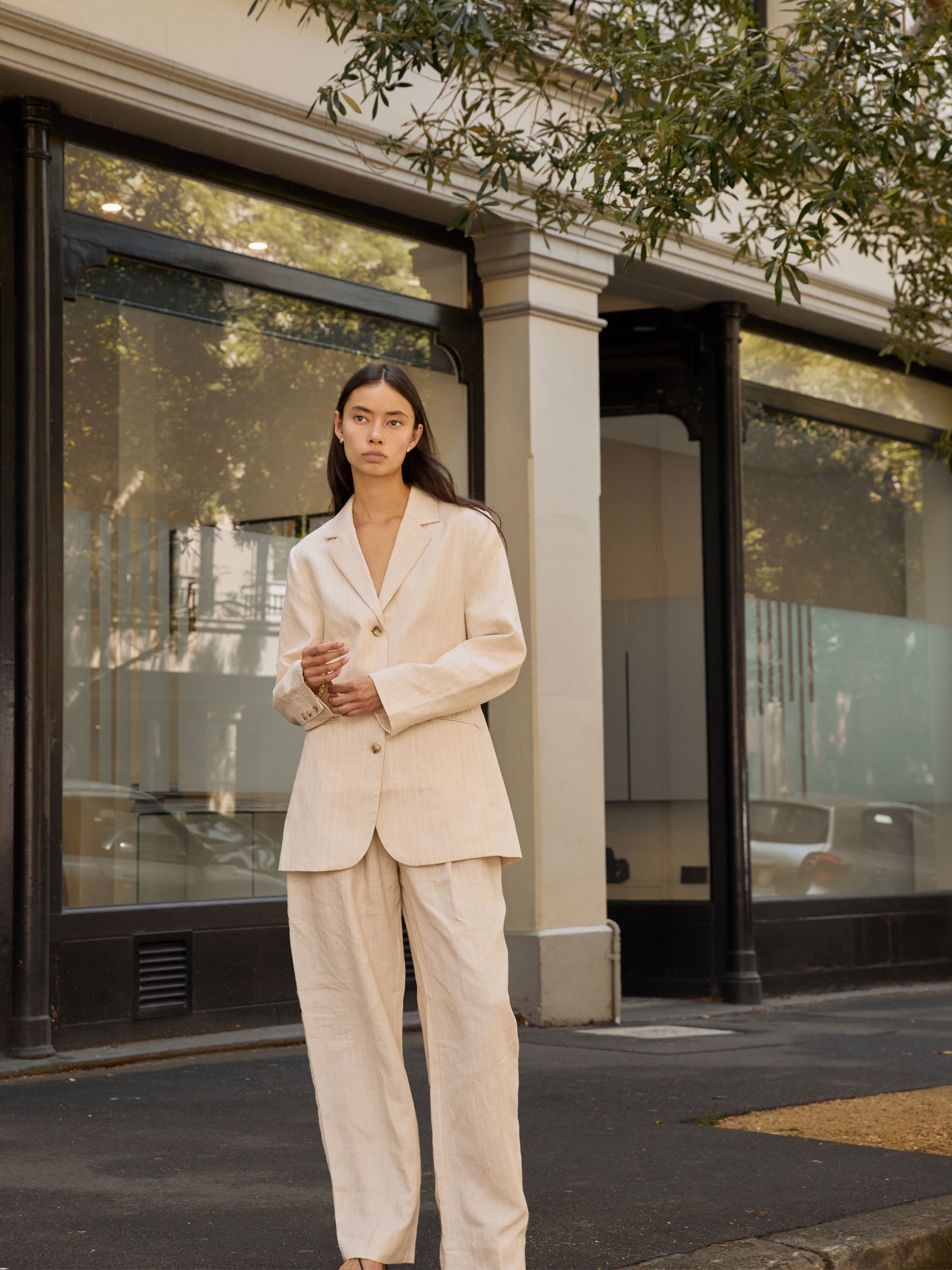 POSSE | Leon Blazer in Beige Pinstripe | The UNDONE