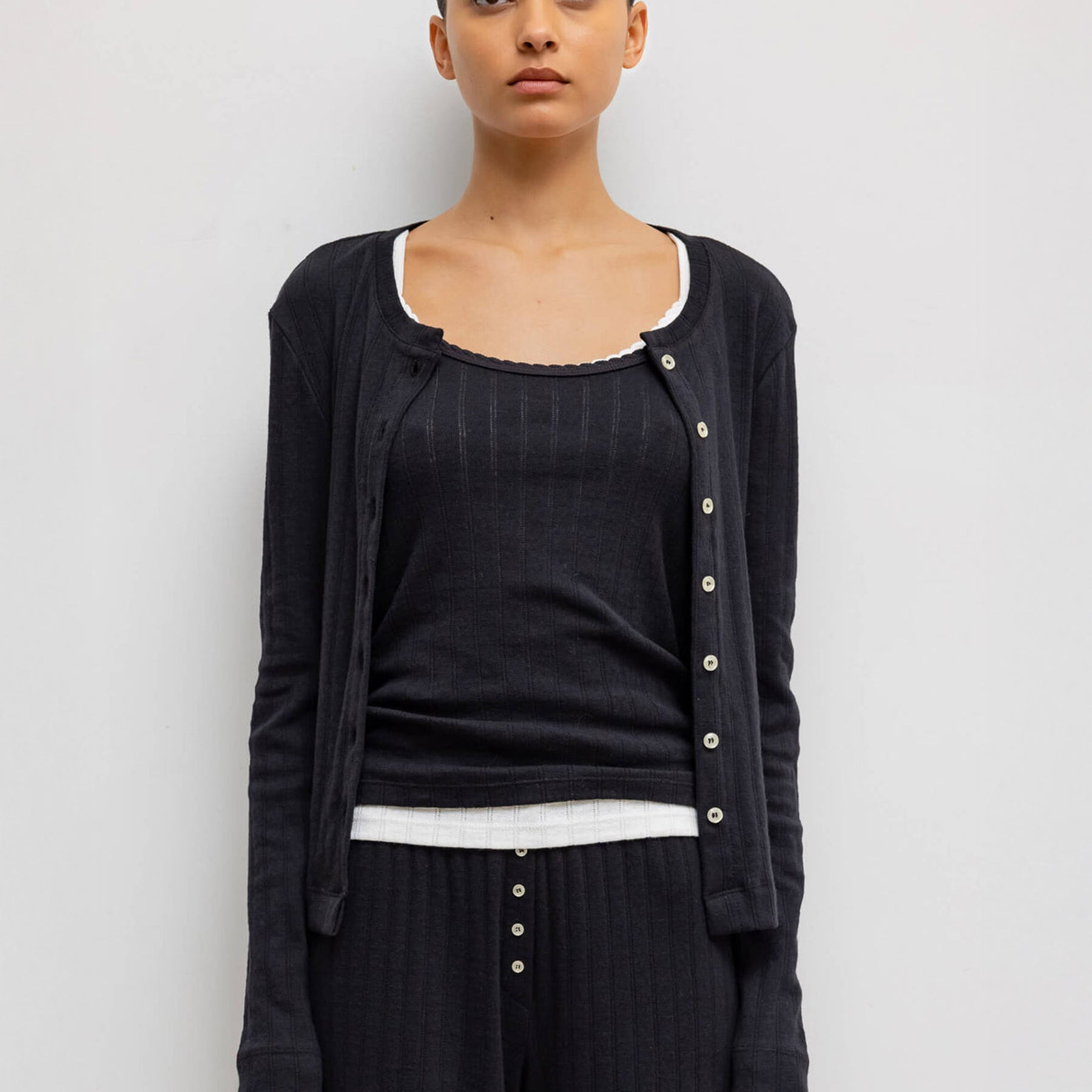 LESET | Pointelle Classic Crew Cardigan in Black | The UNDONE