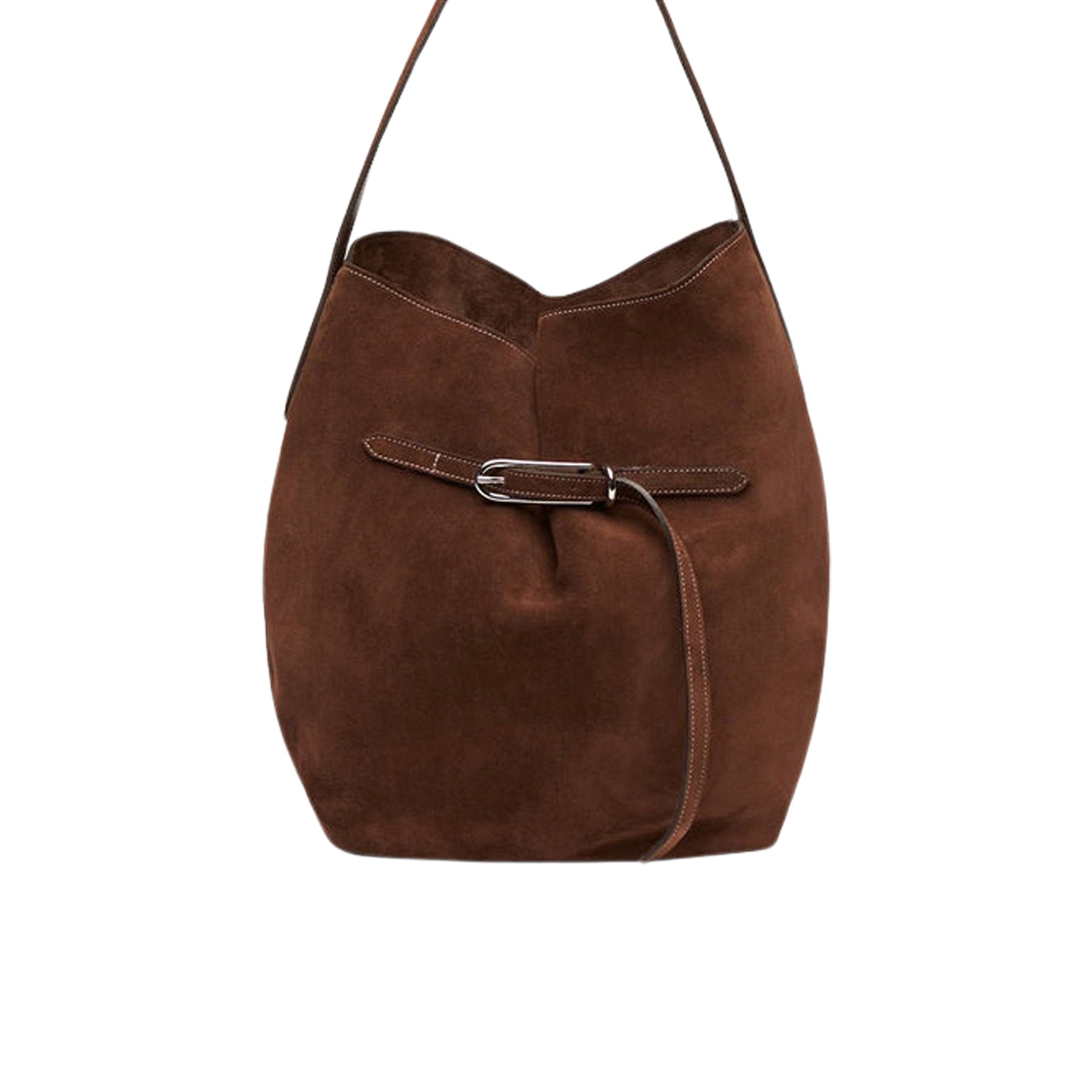 Liffner | Belted Bucket Bag Large in Dark Brown Suede | The UNDONE
