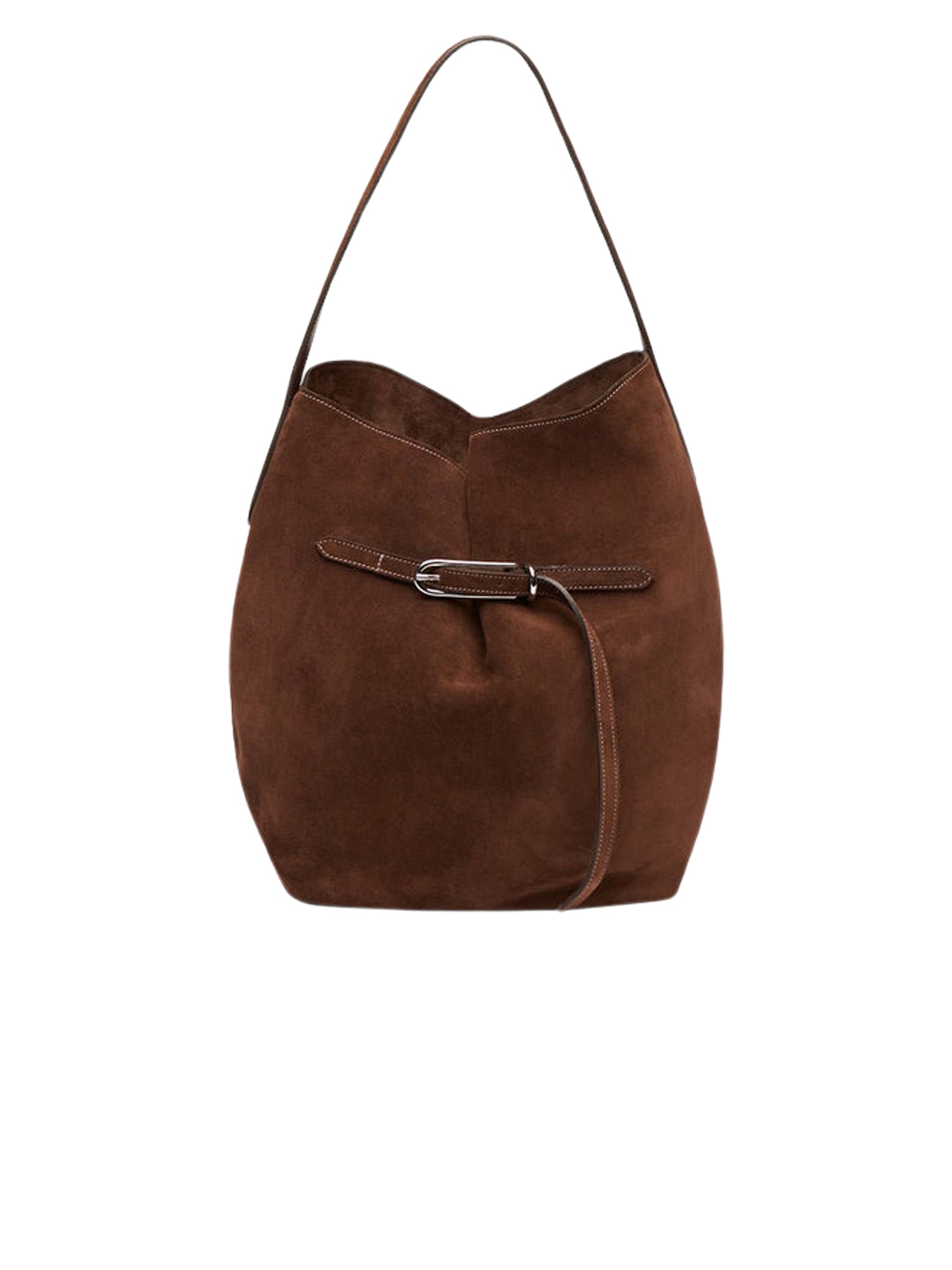 Liffner | Belted Bucket Bag Large in Dark Brown Suede | The UNDONE
