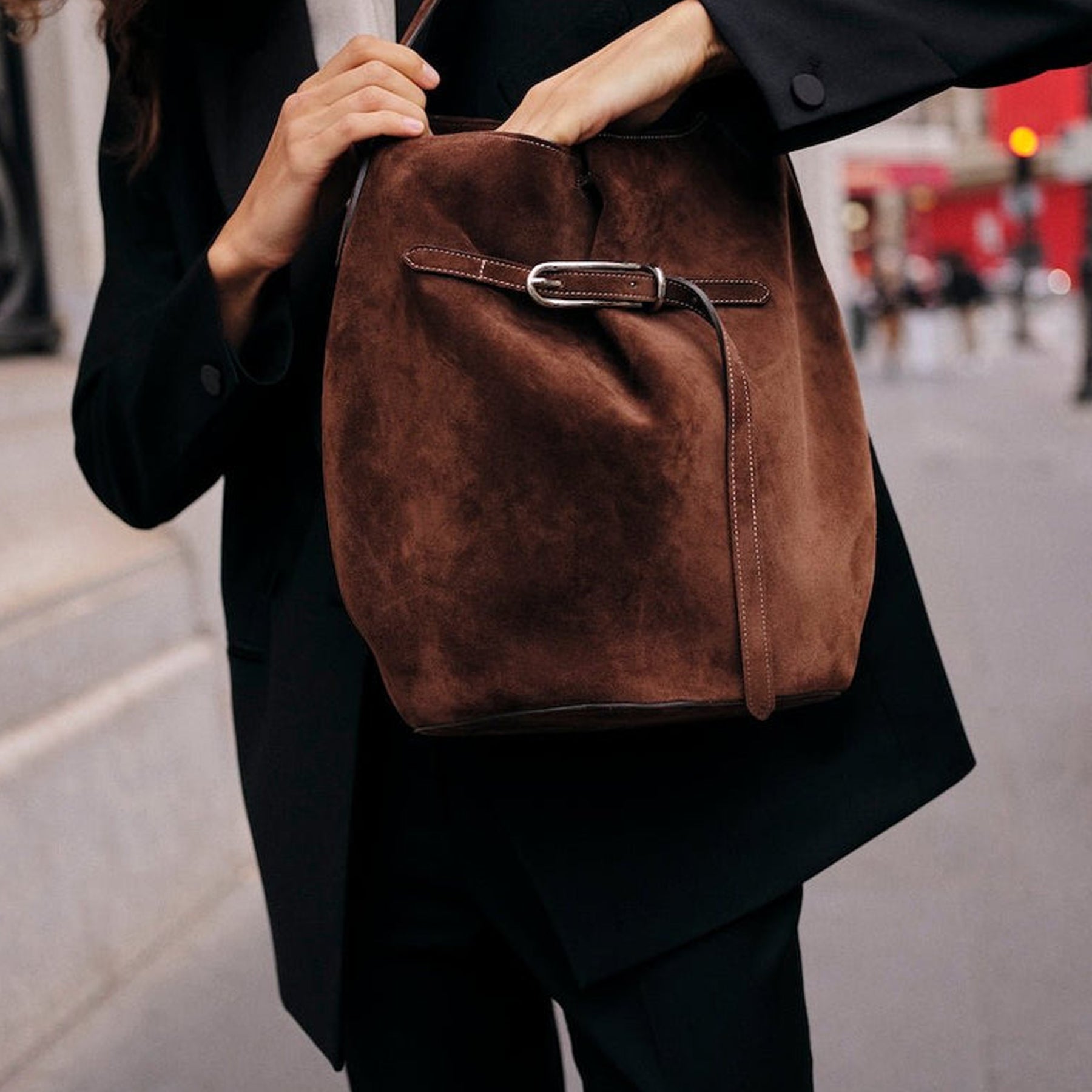Liffner | Belted Bucket Bag Large in Dark Brown Suede | The UNDONE