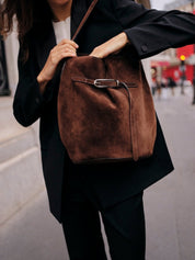 Liffner | Belted Bucket Bag Large in Dark Brown Suede | The UNDONE