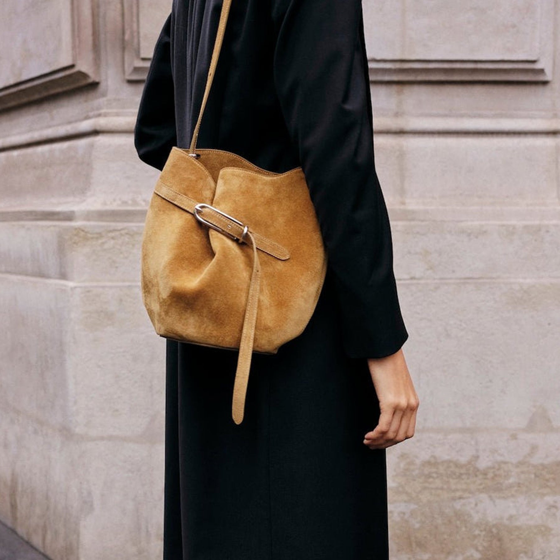 Liffner | Belted Bucket Bag in Beige Suede | The UNDONE