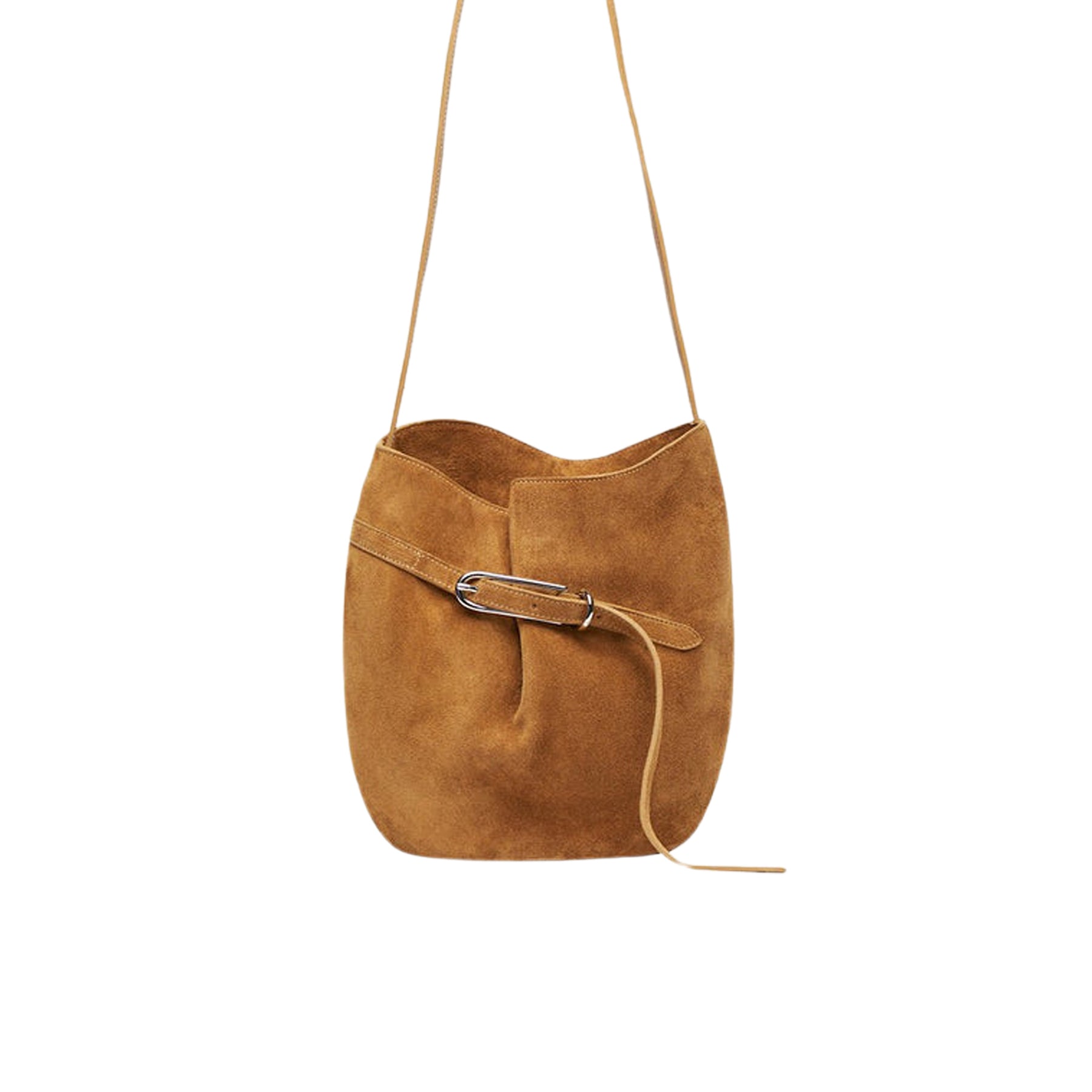 Liffner | Belted Bucket Bag in Beige Suede | The UNDONE