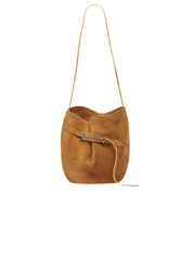 Liffner | Belted Bucket Bag in Beige Suede | The UNDONE