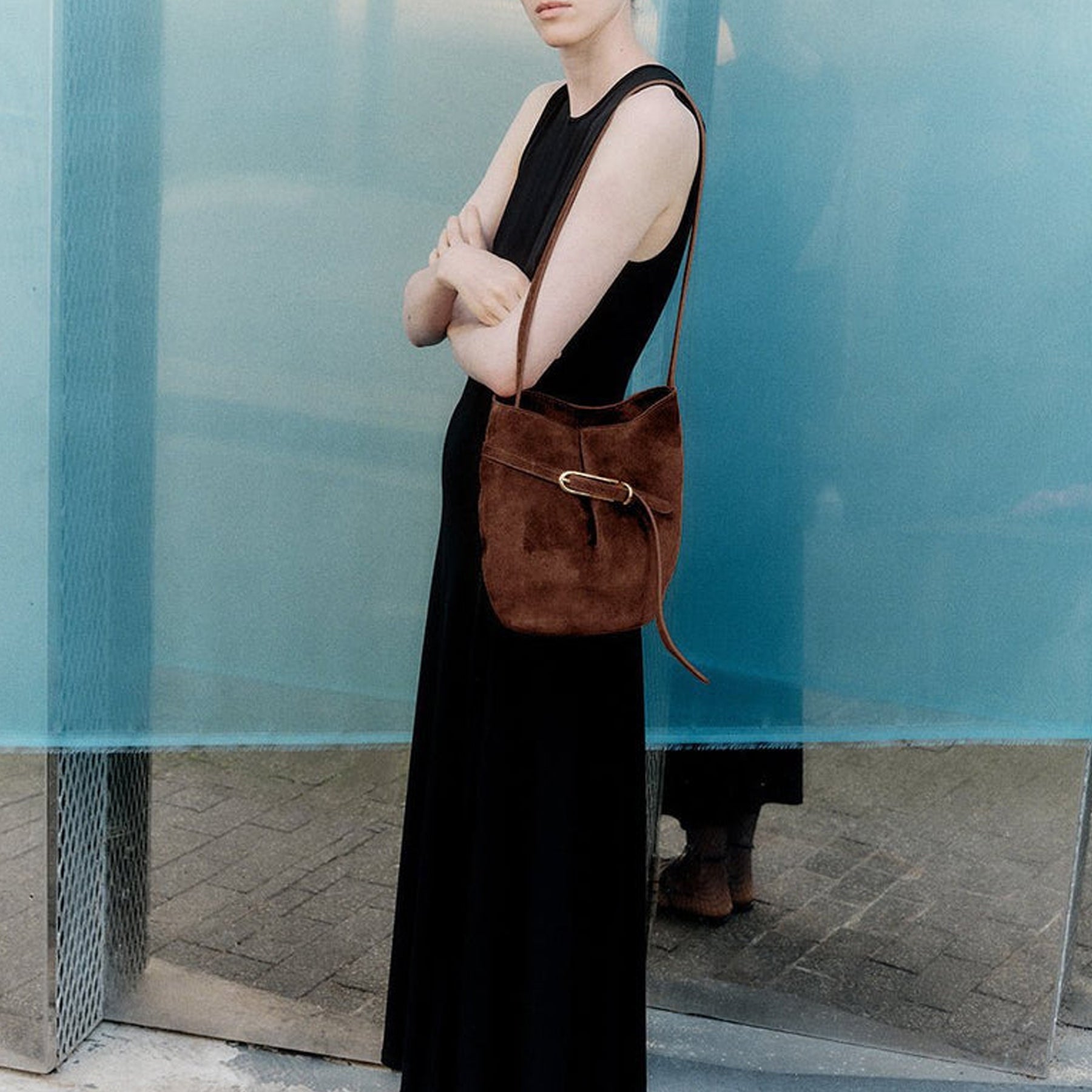 Liffner | Belted Bucket Bag in Dark Brown Suede | The UNDONE