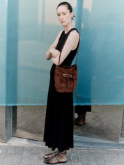Liffner | Belted Bucket Bag in Dark Brown Suede | The UNDONE