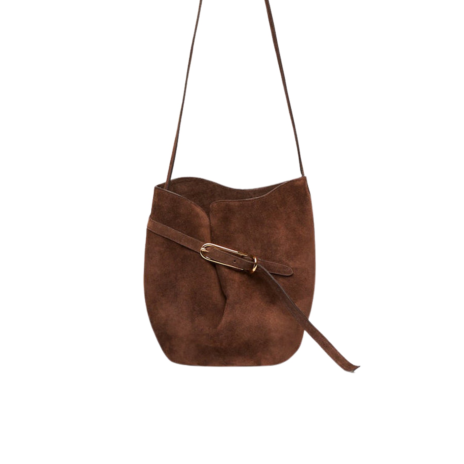 Liffner | Belted Bucket Bag in Dark Brown Suede | The UNDONE