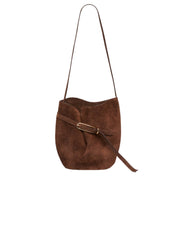 Liffner | Belted Bucket Bag in Dark Brown Suede | The UNDONE