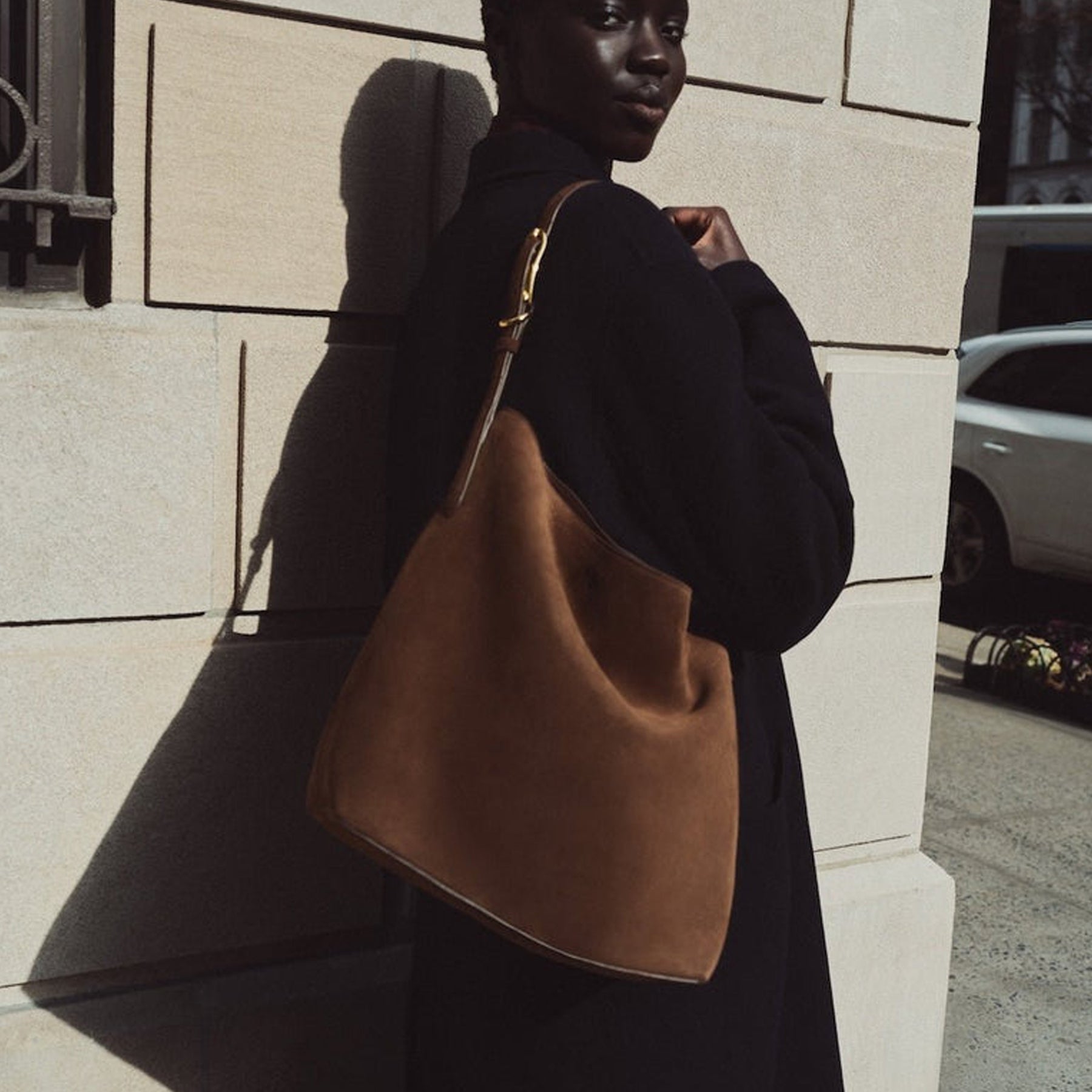 Liffner | Slouch Bucket Bag in Dark Brown Suede | The UNDONE