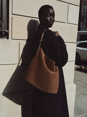 Liffner | Slouch Bucket Bag in Dark Brown Suede | The UNDONE