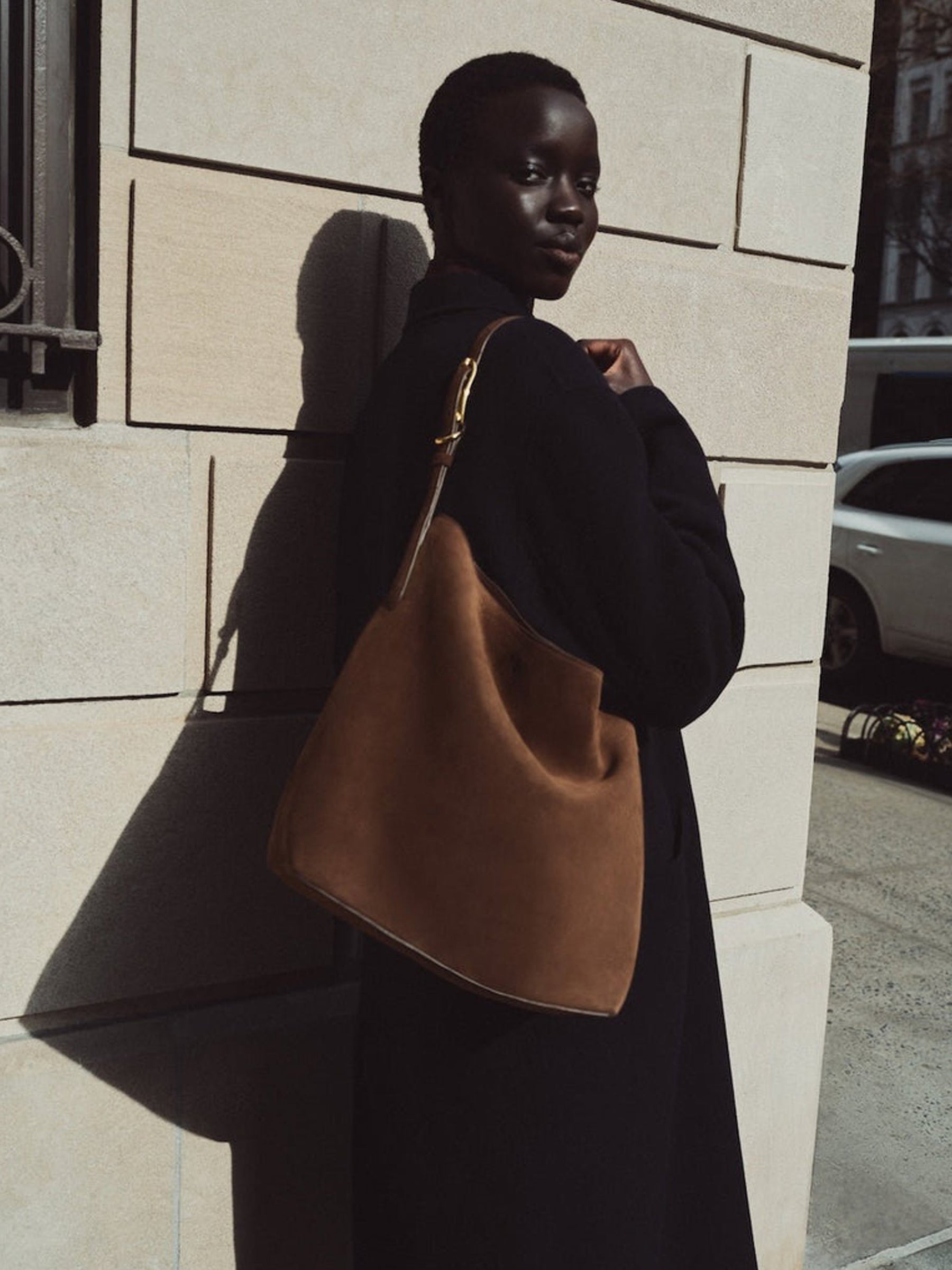 Liffner | Slouch Bucket Bag in Dark Brown Suede | The UNDONE
