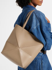 LOEWE | Puzzle Fold Medium Leather Tote Bag in Beige | The UNDONE