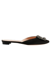 Manolo Blahnik | Hangisi Crystal-Embellished Satin Slippers in Black | The UNDONE