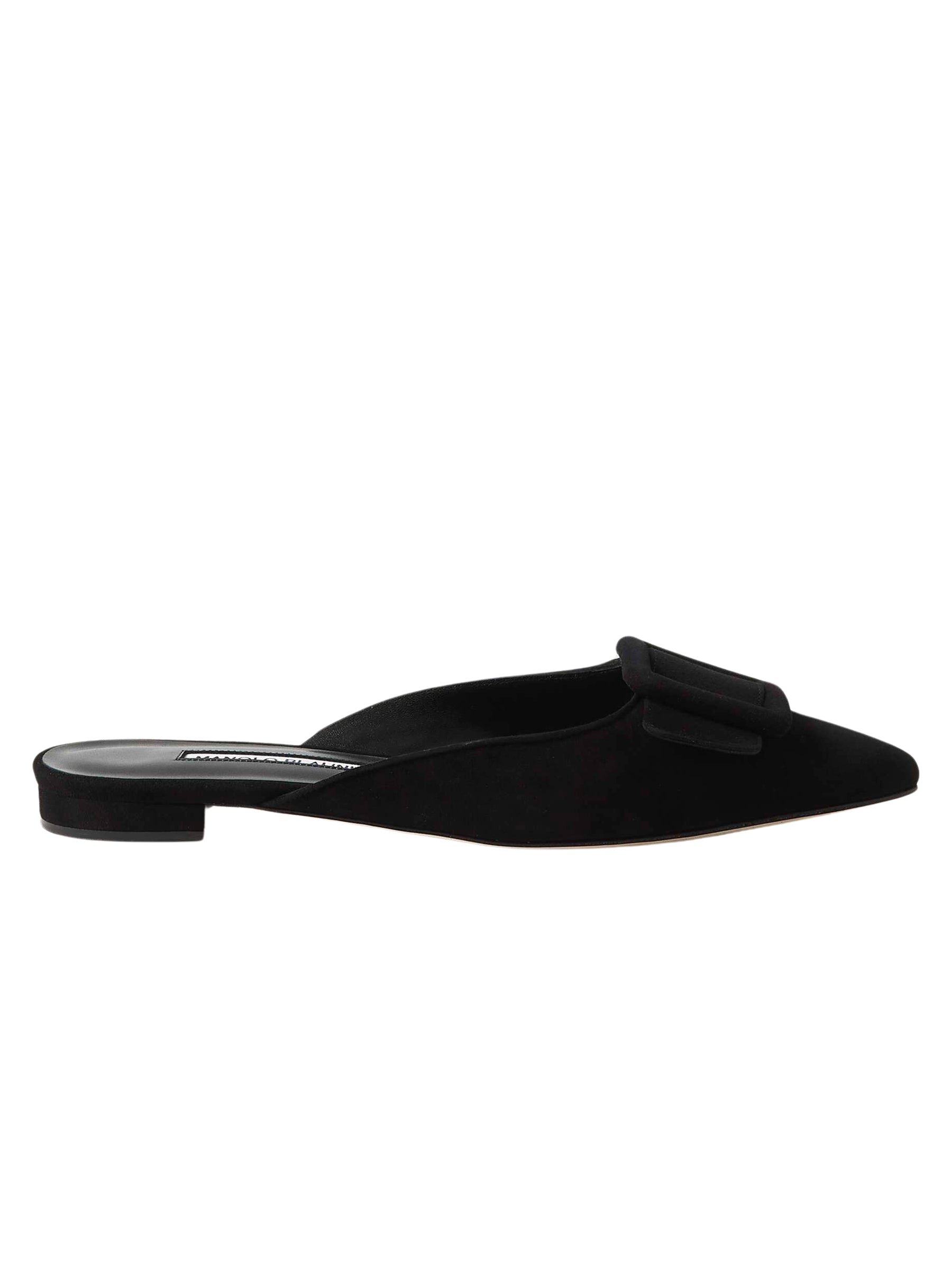 Manolo Blahnik | Maysale Buckled Suede Point-Toe Flats in Black | The UNDONE