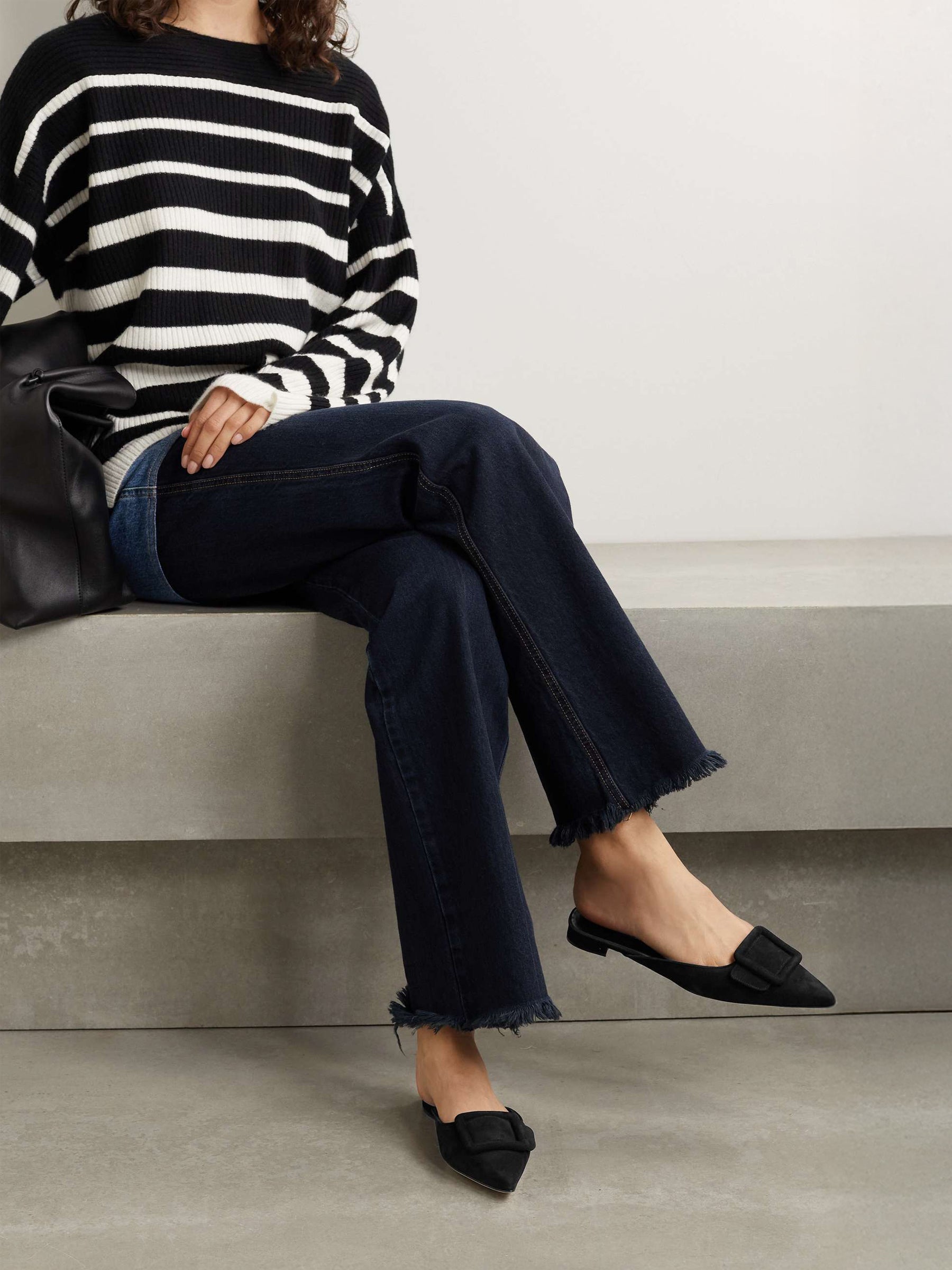 Manolo Blahnik | Maysale Buckled Suede Point-Toe Flats in Black | The UNDONE